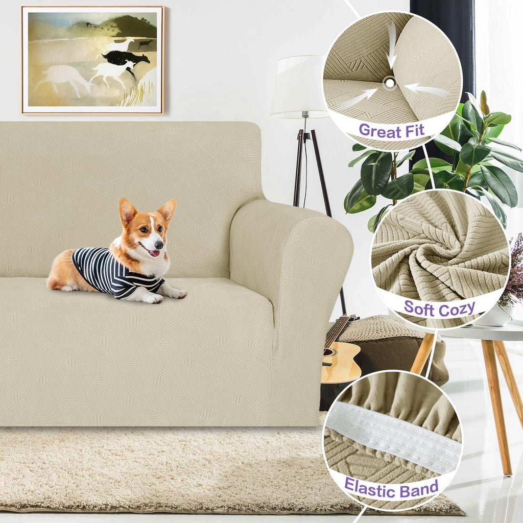 Znsayotx Super Stretch Couch Cover (72'-92'), New Striped Sofa Covers Fitted Slipcovers With Elastic Bottom, Dog Cat Pets Proof Spandex Fabric Comfortable & Durable (Khaki, Sofa)