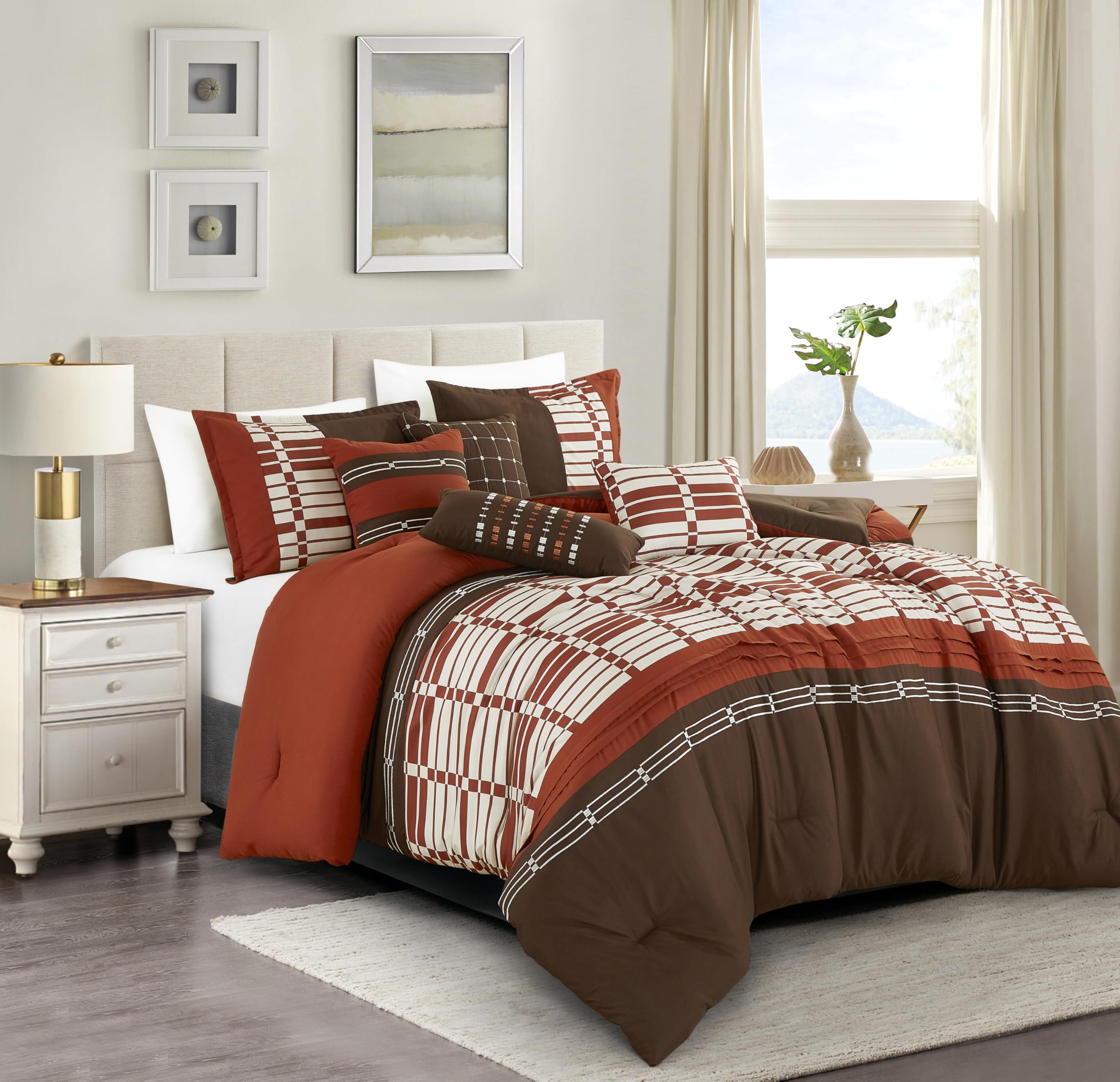 Esca 7-Piece Rudella Brown And Orange Comforter Set Beige Bedding King Size