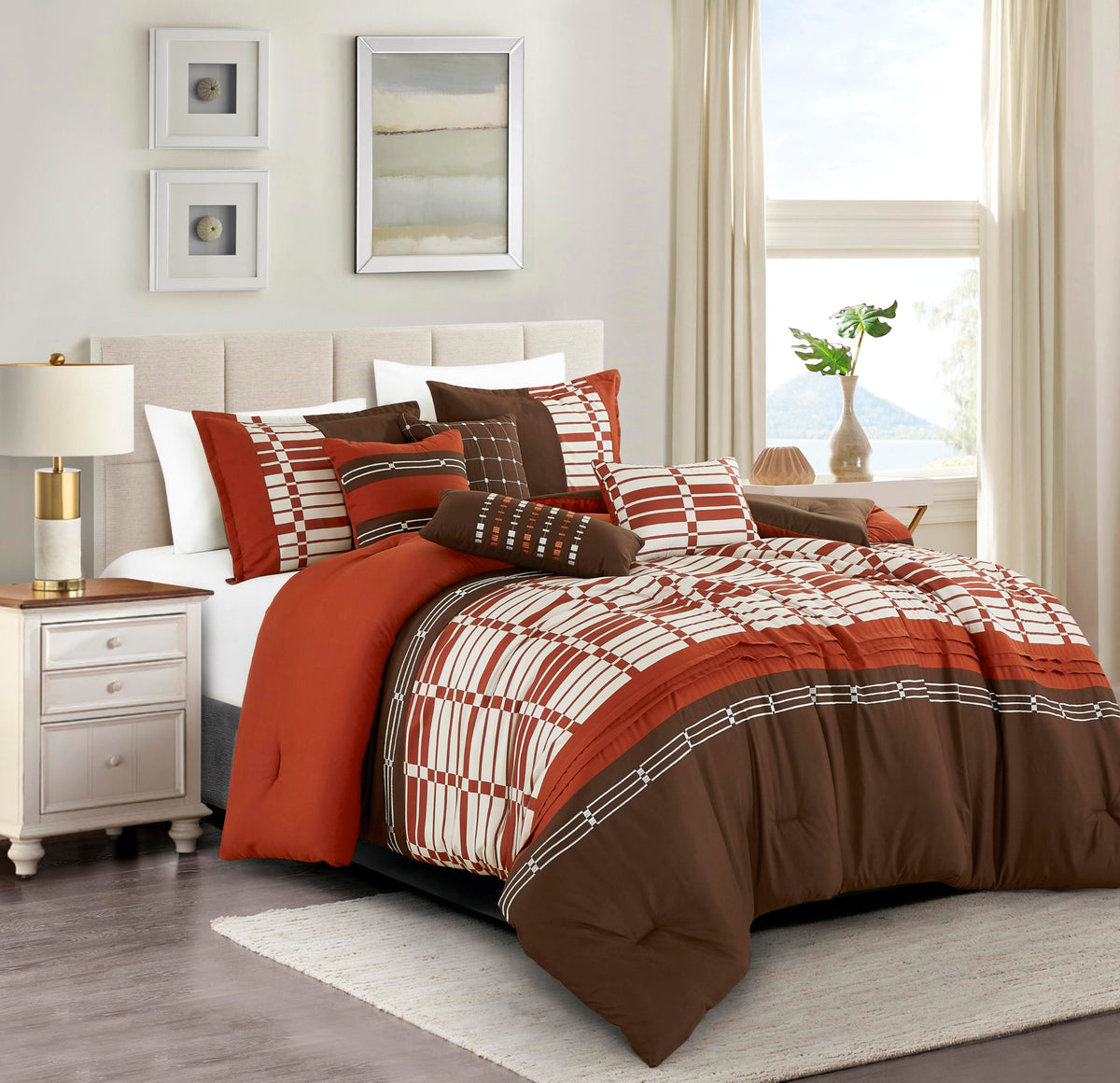 Esca 7-Piece Rudella Brown And Orange Comforter Set Beige Bedding Queen Size