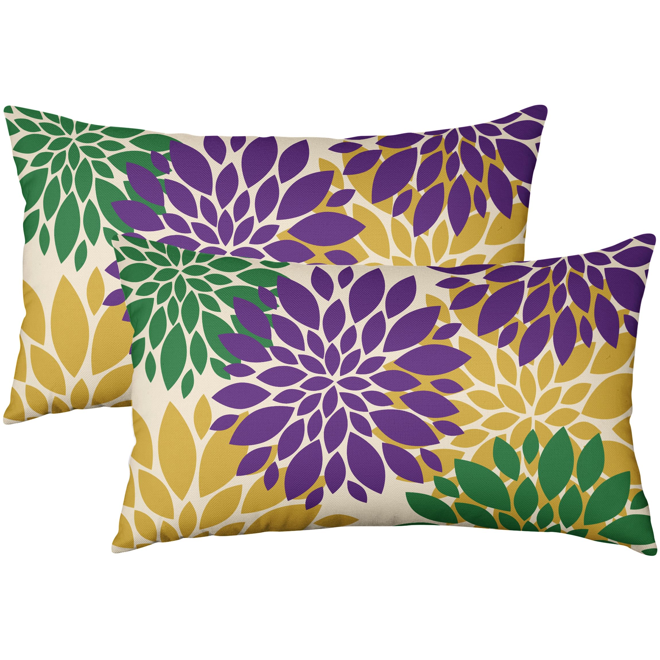 Purple Green Yellow Flower Pillow Covers 12X20 Set Of 2 Mardi Gras Dahlia Outdoor Decorative Throw Pillows Farmhouse Pillowcases