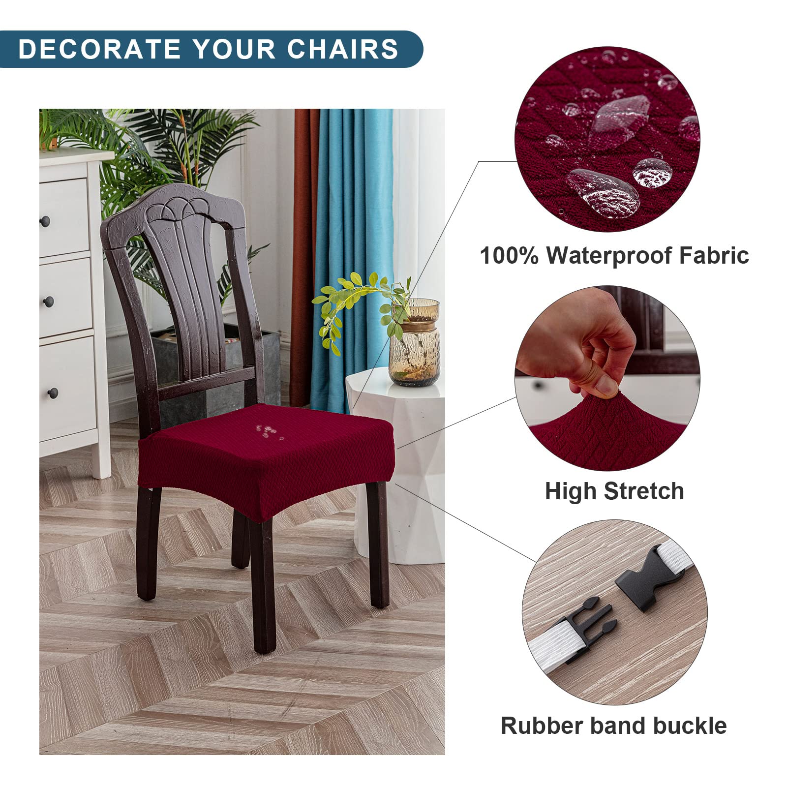 Genina Waterproof Seat Covers For Dining Room Chair Covers Waterproof Dining Chair Covers (6 Pcs-Rear-Covered, Wine Red)