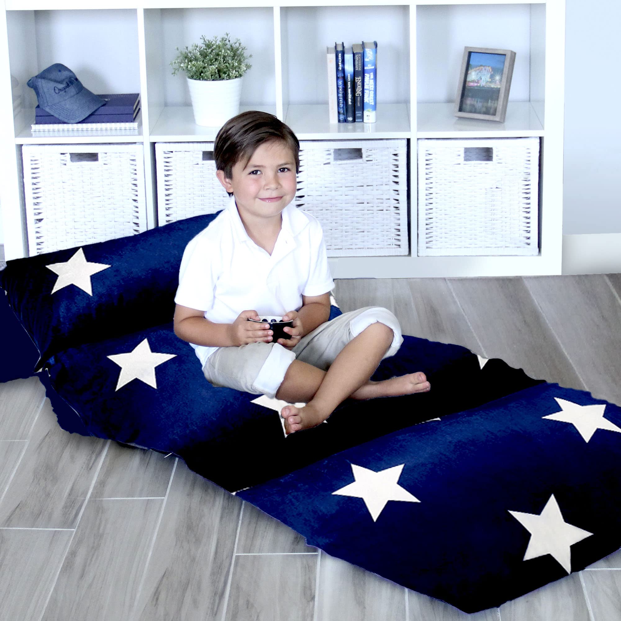 Butterfly Craze Floor Pillow Case, Mattress Bed Lounger Cover, Star Navy, Queen Size - Cozy Seating Solution For Kids & Adults,