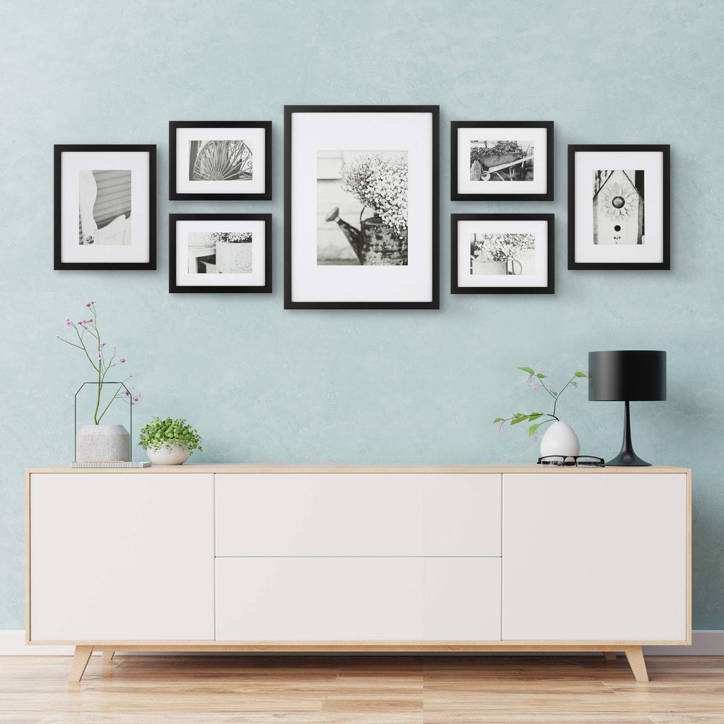Gallery Perfect - 7-Piece Black Wall Frame Set - Kit With Decorative Art Prints - Hanging Template - Easy Installation Frame - M