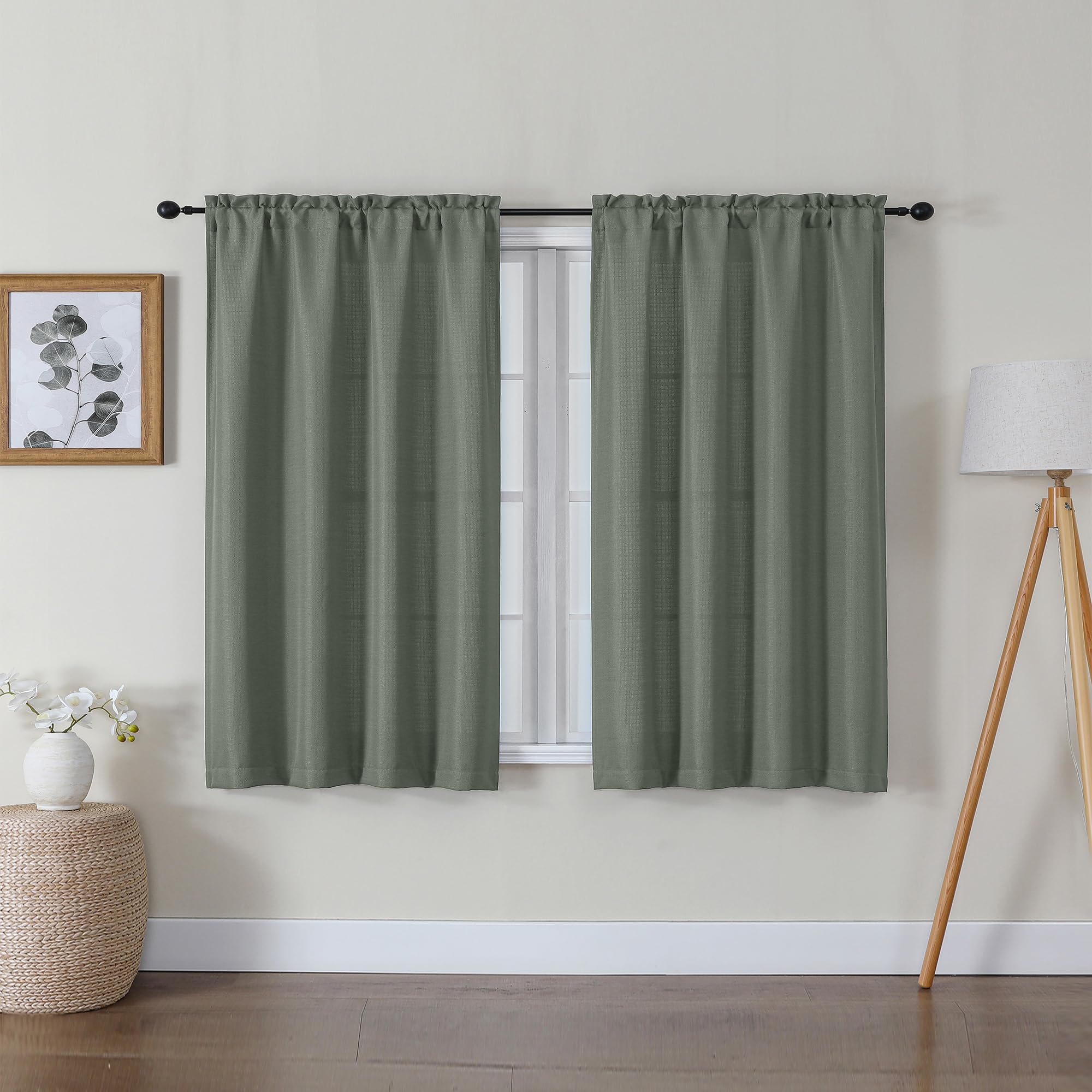 Lecloud Bessie Olive Green Short Curtains 45 Inch Length 2 Panels, Faux Linen Light Filtering Curtains with Dual Rod Pocket, Far