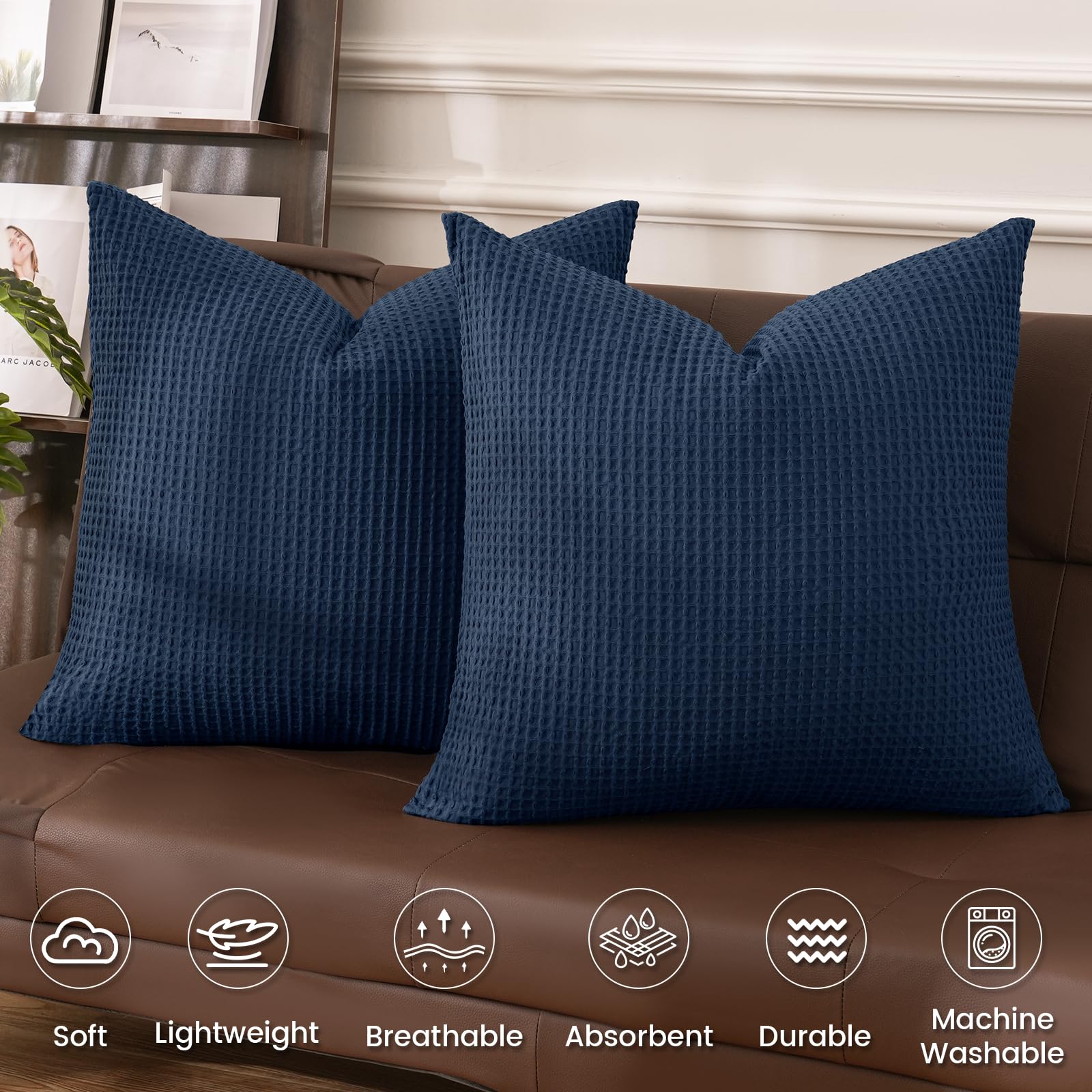 Phf 100% Cotton Waffle Weave Euro Shams 26' X 26', No Filling, 2 Pack Elegant Home Decorative Euro Throw Pillow Covers For Bed Couch Sofa, Dark Navy