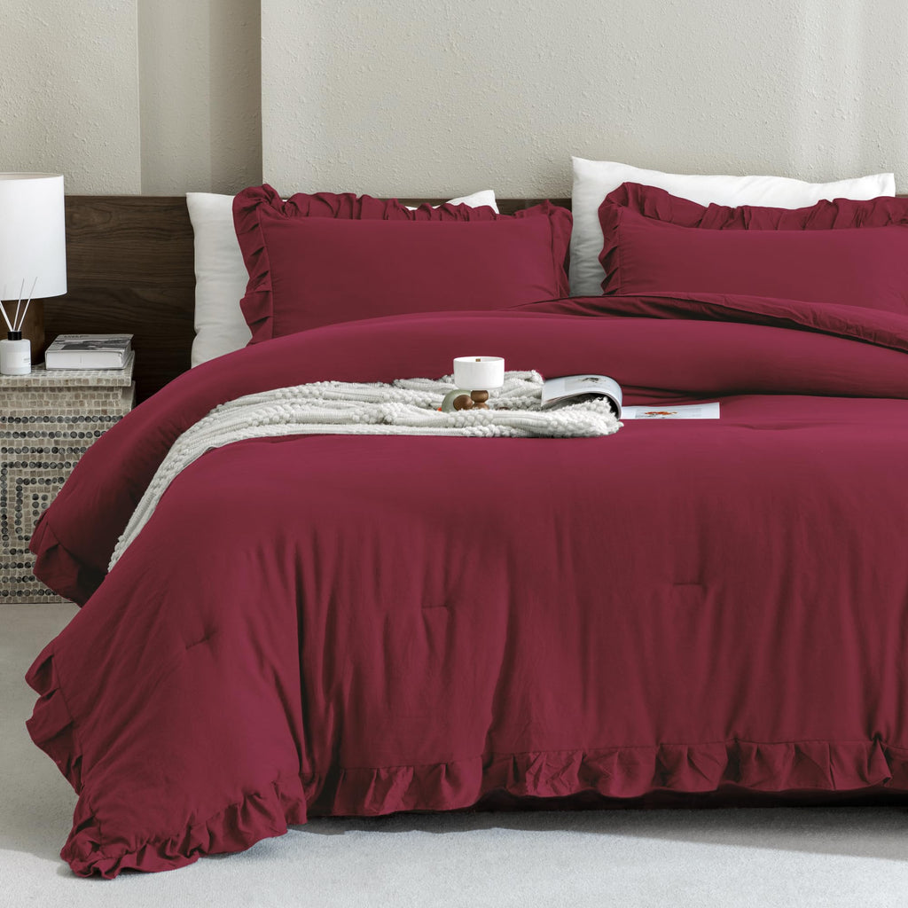 Andency Burgundy California King Comforter Set, 3 Pieces Cal King Ruffle Farmhouse Shabby Chic Comforter, Oversized All Season L