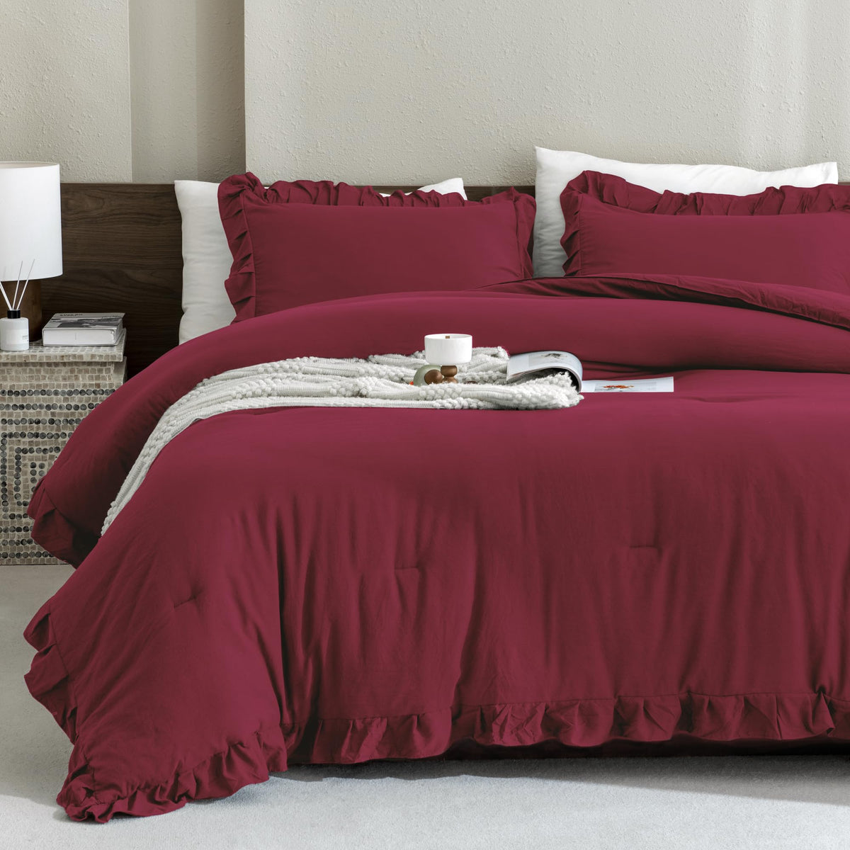 Andency Burgundy California King Comforter Set, 3 Pieces Cal King Ruffle Farmhouse Shabby Chic Comforter, Oversized All Season L