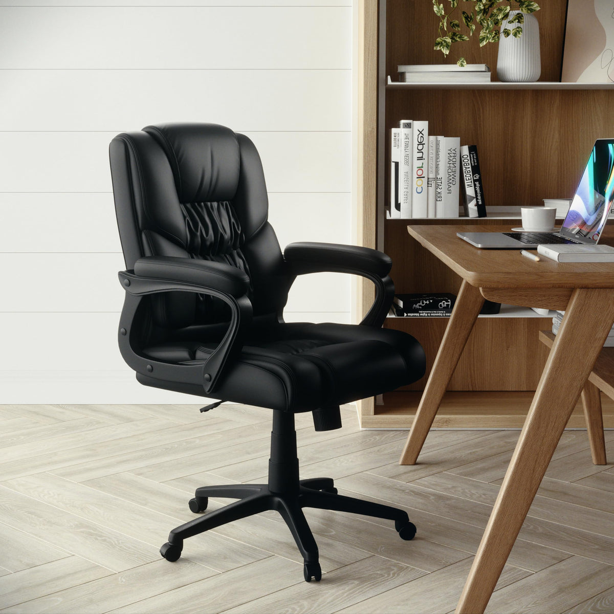 Flash Furniture Fundamentals Big & Tall Swivel LeatherSoft Office and Gaming Chair, Ergonomic Office Chair with Padded Armrests and Adjustable Height, Black