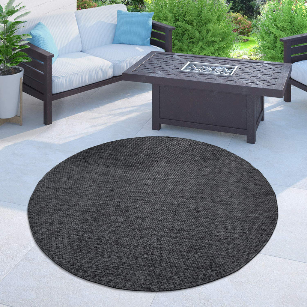 Solid Outdoor Rug For Patio Or Balcony Waterproof In Mottled Anthracite, Size: 6'7' Round