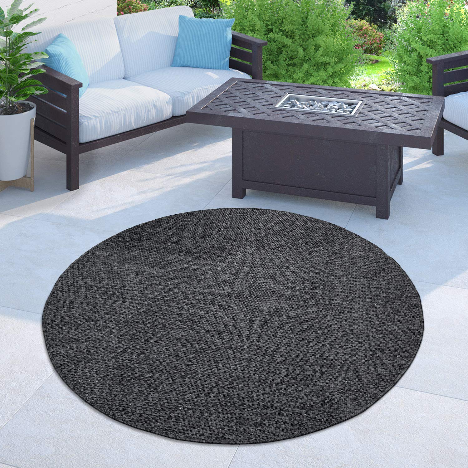 Solid Outdoor Rug For Patio Or Balcony Waterproof In Mottled Anthracite, Size: 6'7' Round