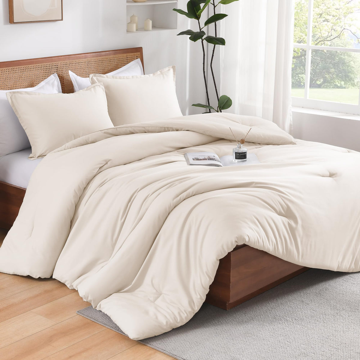 Andency Beige King Size Comforter Set, 3 Pieces Boho Bed Lightweight Solid Bedding Comforters & Sets, All Season Fluffy Bed Set
