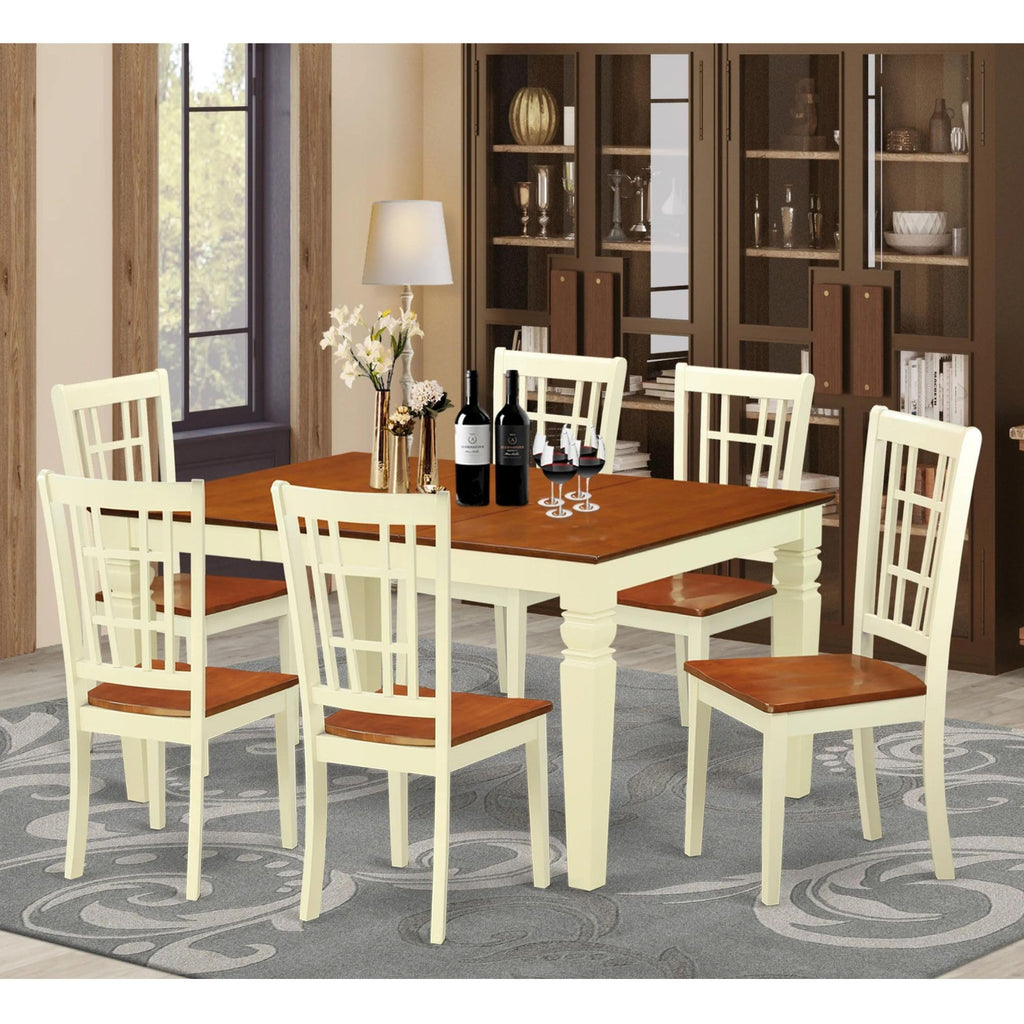 East West Furniture WENI7-BMK-W 7 Piece Kitchen Table & Chairs Set Consist of a Rectangle Dining Room Table with Butterfly Leaf and 6 Dining Chairs, 42x60 Inch, Buttermilk & Cherry