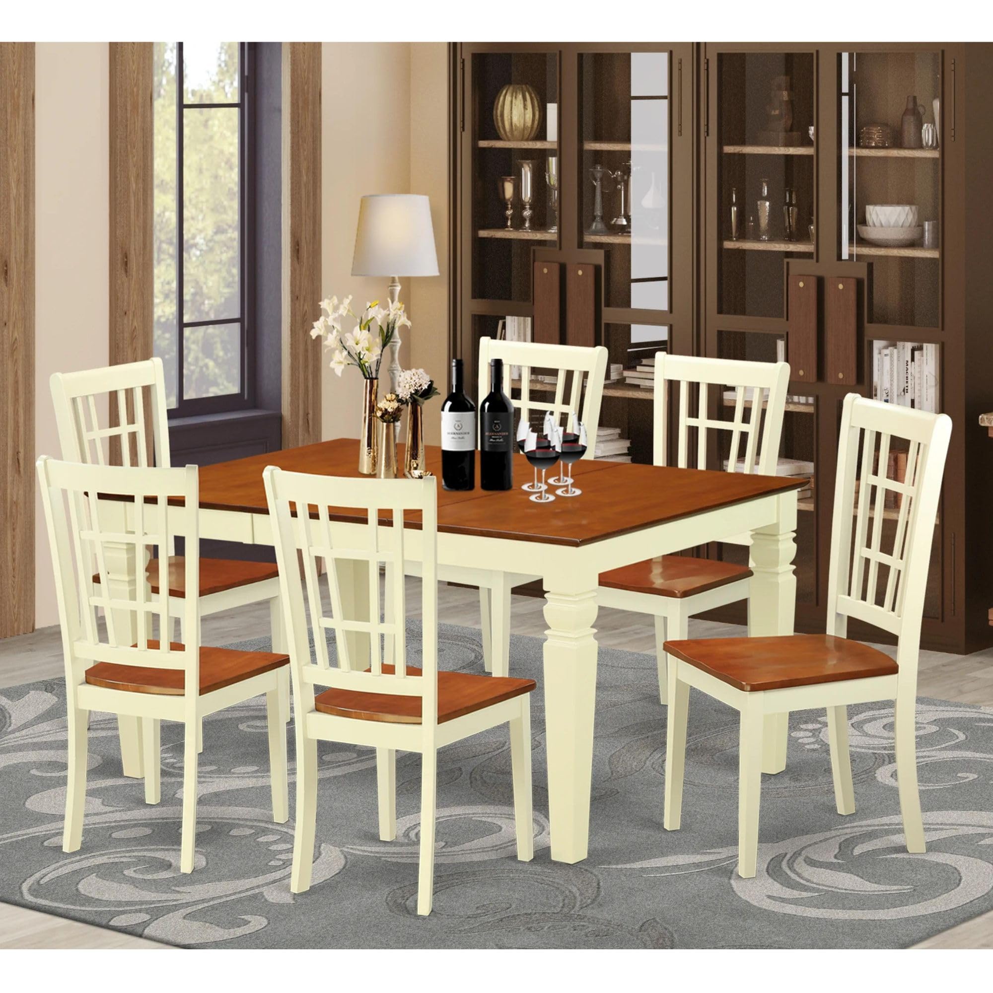 East West Furniture WENI7-BMK-W 7 Piece Kitchen Table & Chairs Set Consist of a Rectangle Dining Room Table with Butterfly Leaf and 6 Dining Chairs, 42x60 Inch, Buttermilk & Cherry