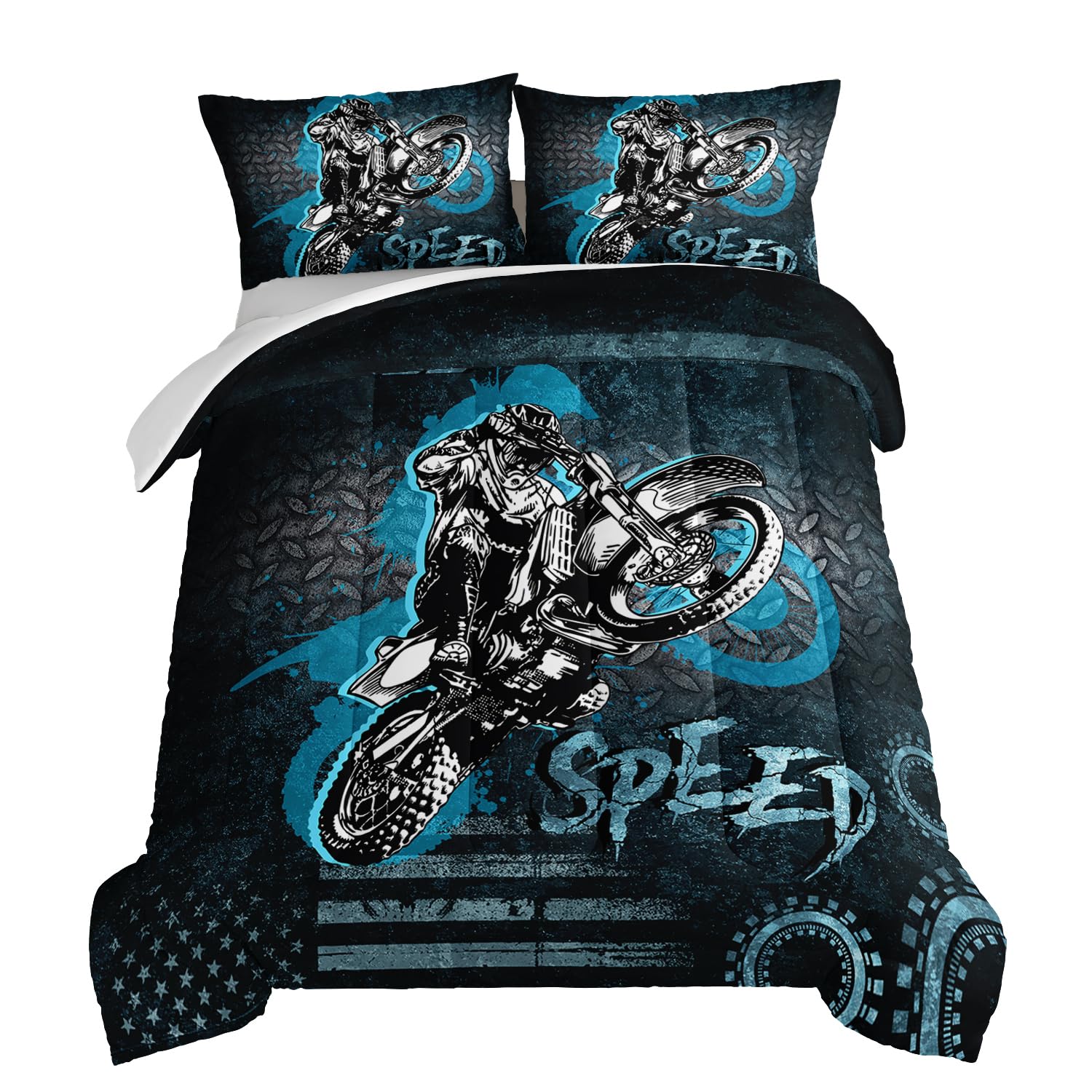 Hosima Dirt Bike Comforter Motocross Rider Bedding Set For Race Car Bed,American Flag Motorbike Comforter For Queen Size Bed Ext