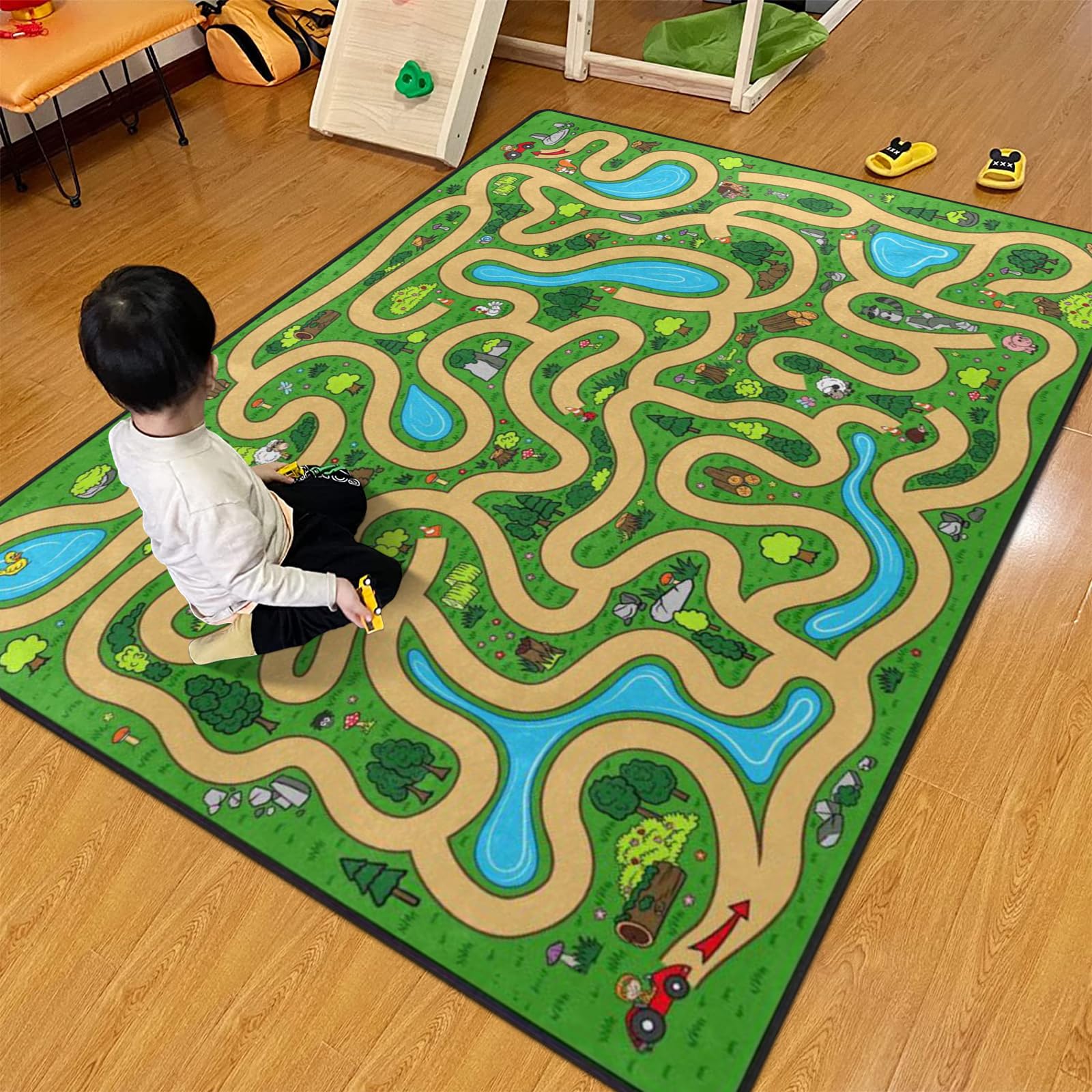 Kids Rug, Cartoon Maze Playmat Rugs - 5X7 Ft Kids Carpet With Rubber Backing, Forest Trees Animal Plant Theme Play Mat Nursery R