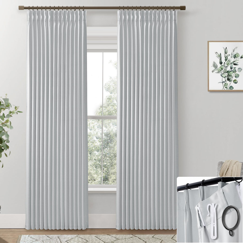 Shineland Light Grey Linen Blackout Curtains For Bedroom Living Room,Gray Pinch Pleated Curtain Drapes 84 Inches Long