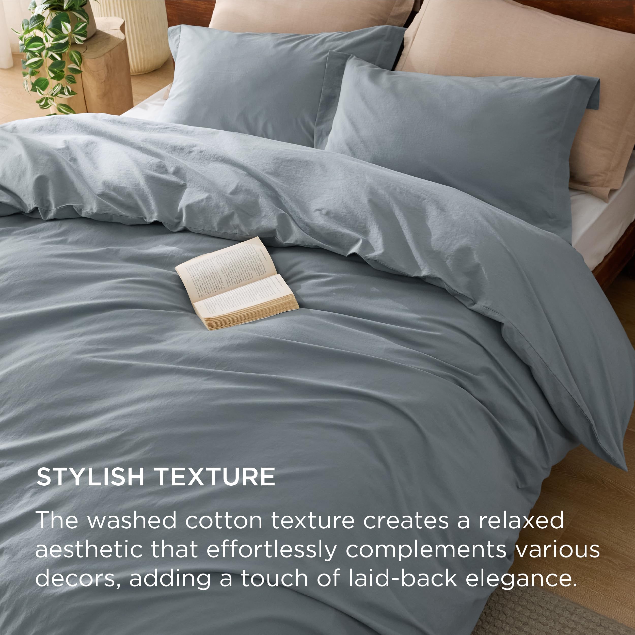 Bedsure 100% Washed Cotton Duvet Cover King Size - Grey Blue Minimalist Cotton Duvet Cover Linen Like - 3 Pieces Gentlesoft™ Plain Simple Bedding Set With 2 Pillow Shams (Grayish Blue, King, 104'X90')