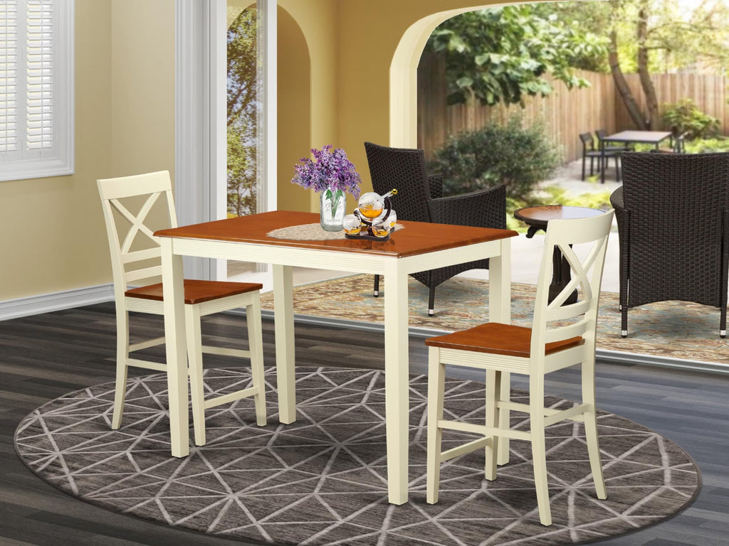 East West Furniture YAQU3-WHI-W 3 Piece Kitchen Counter Height Dining Table Set Contains a Rectangle Pub Table and 2 Dining Room Chairs, 30x48 Inch, Buttermilk & Cherry