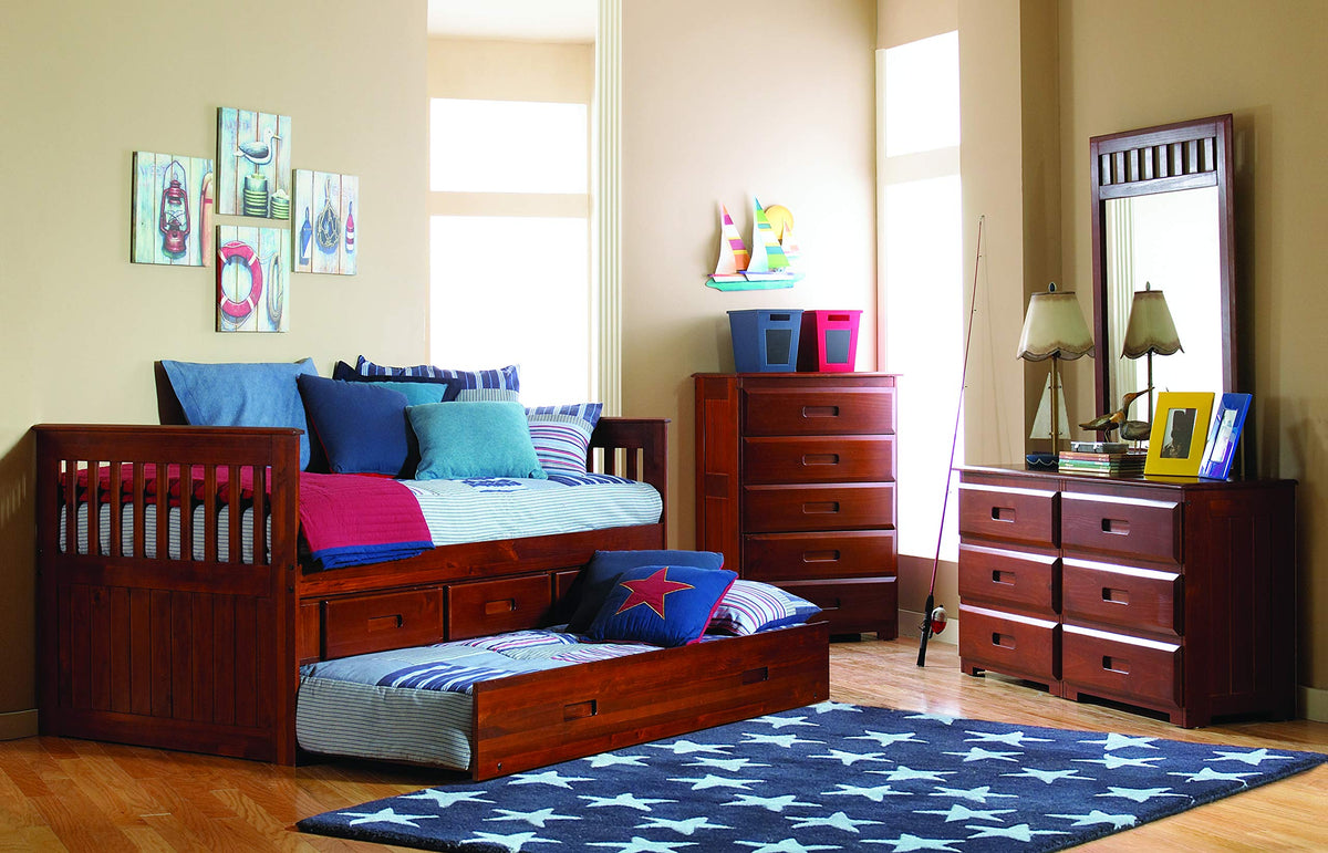 Twin Mission Rake Bed With 3 Drawer Storage And Twin Trundle Bed In Merlot Finish