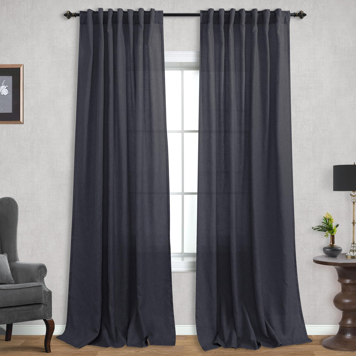Charcoal Grey Flax Linen Curtains 96 Inch Length 2 Panels, Back Tab Thick 8Ft Dark Gray Semi Sheer Curtain Drapes Privacy With L