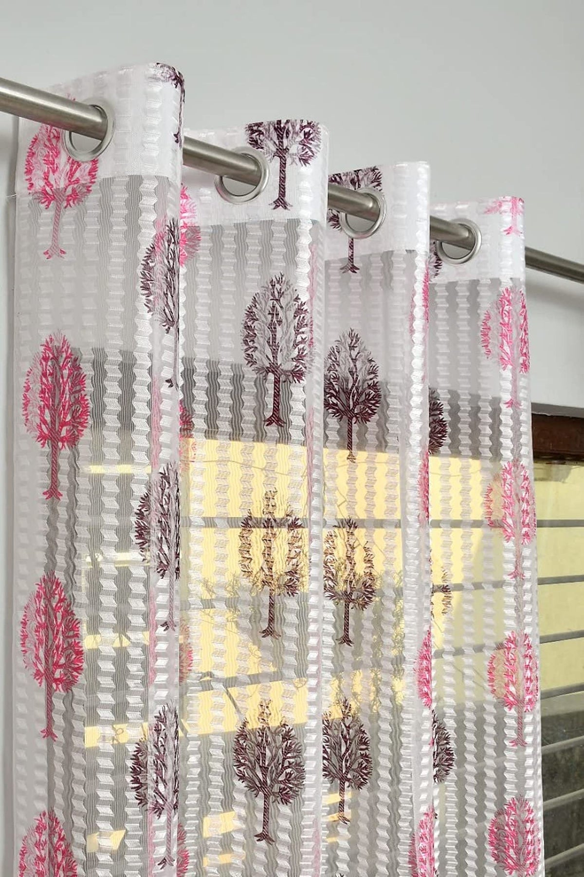 HOME UTSAV 1 Piece Transparent Sheer Net Tree Printed Curtains for Window 5 Feet, Pink