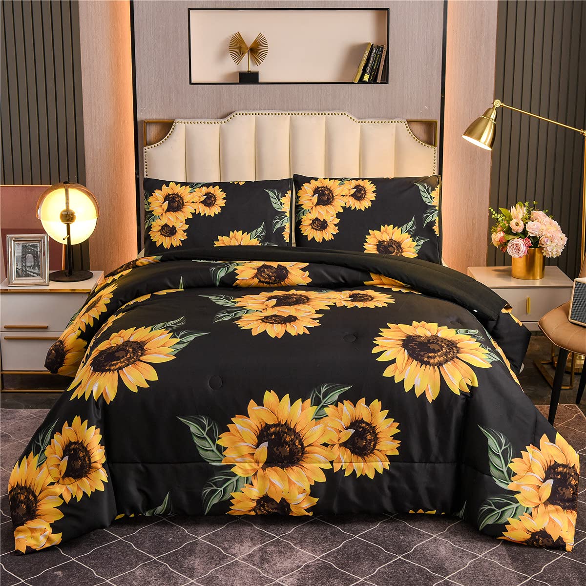 Ntbed Black Sunflower Comforter Set King Yellow Floral Botanical 3 Pieces Microfiber Bedding Quilt For Women Teens Adults