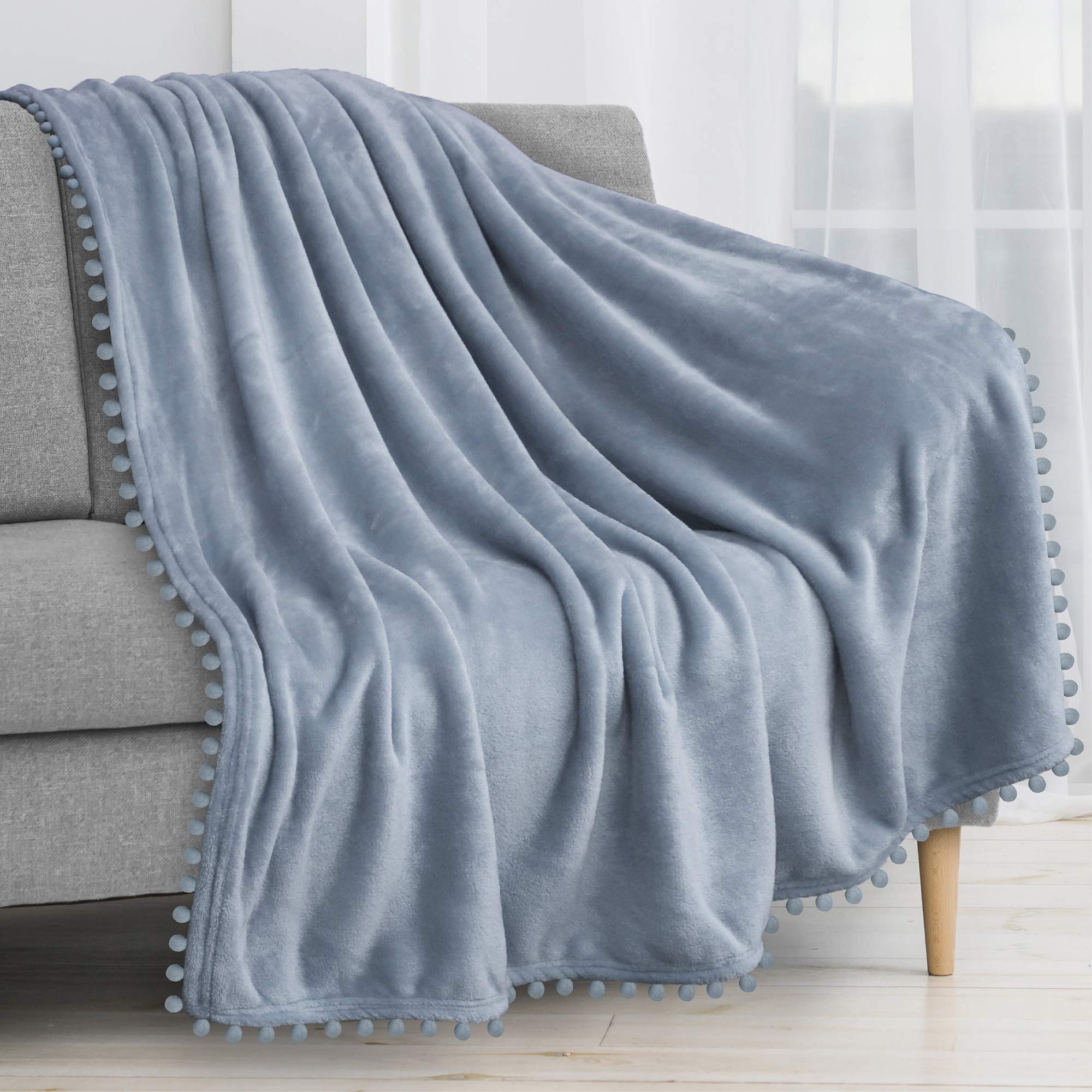 Pavilia Pom Pom Blanket Throw, Slate Dusty Light Blue | Soft Fleece Pompom Fringe Blanket For Couch Bed Sofa | Decorative Cozy P