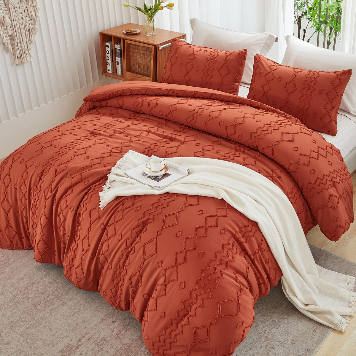 Andency Terracotta Tufted Comforter Set Full(79X90Inch), 3 Pieces(1 Boho Comforter, 2 Pillowcases) Textured Farmhouse Comforter,