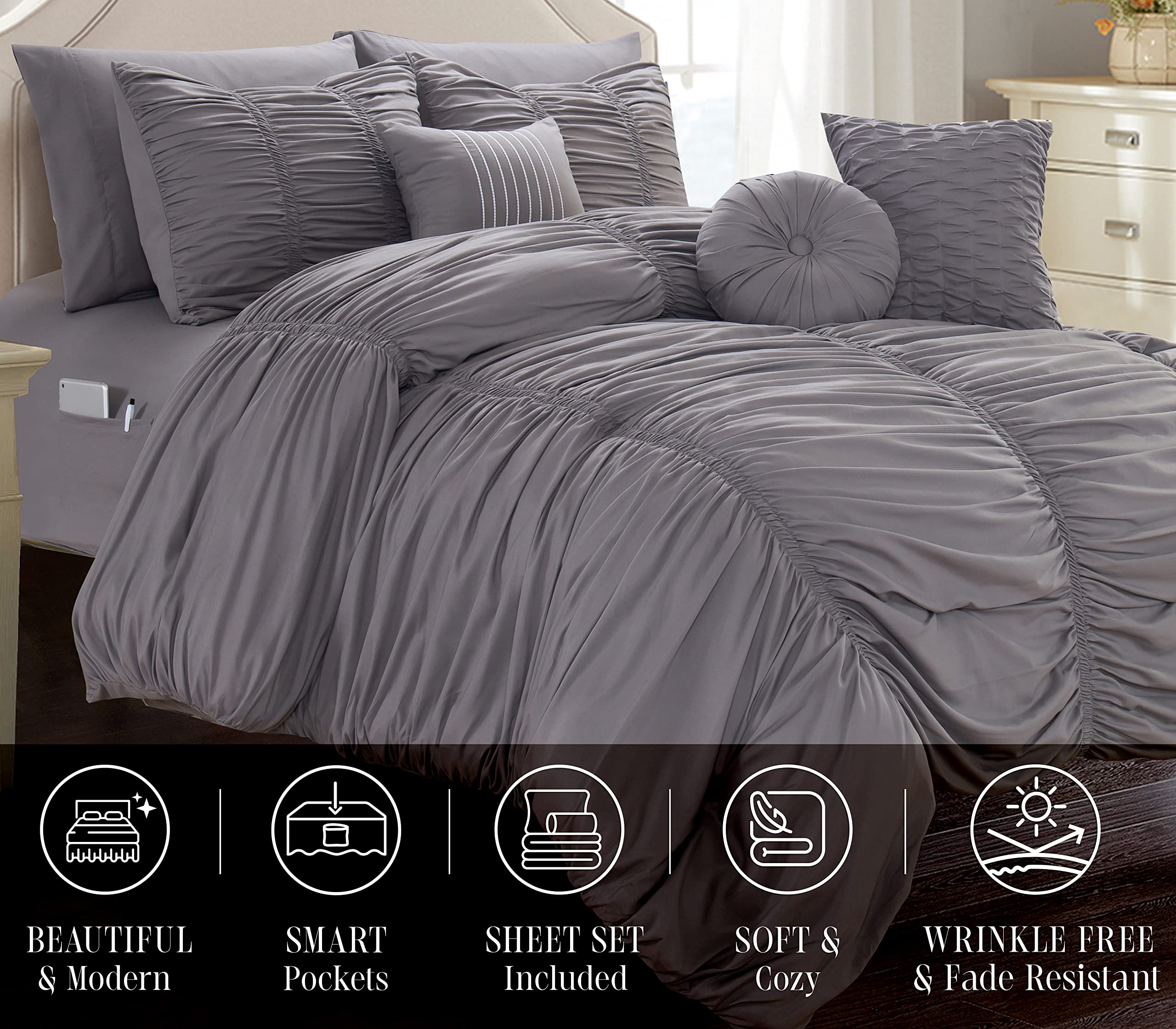 Elegant Comfort Softest, Coziest, 10Pc Pleated Bed-In-A-Bag, Ruched Ruffle Comforter Set Featuring Decorative Pillows And Fitted