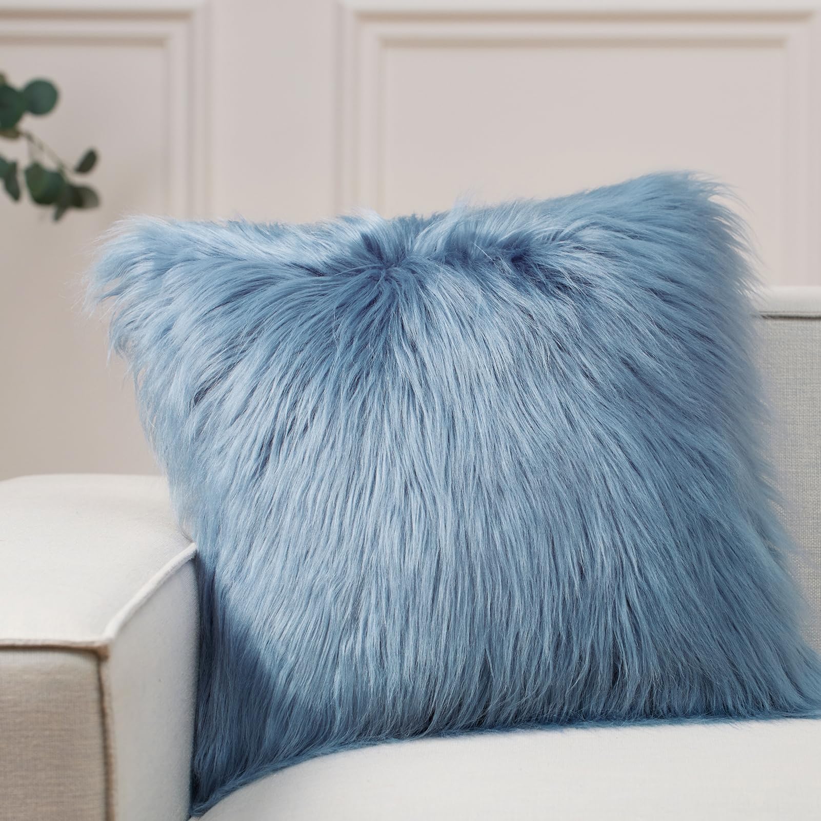 Phantoscope Faux Fur Pillow Cover Decorative Fluffy Throw Pillow Mongolian Luxury Fuzzy Pillow Case Cushion Cover For Bedroom And Couch, Blue 20 X 20 Inches