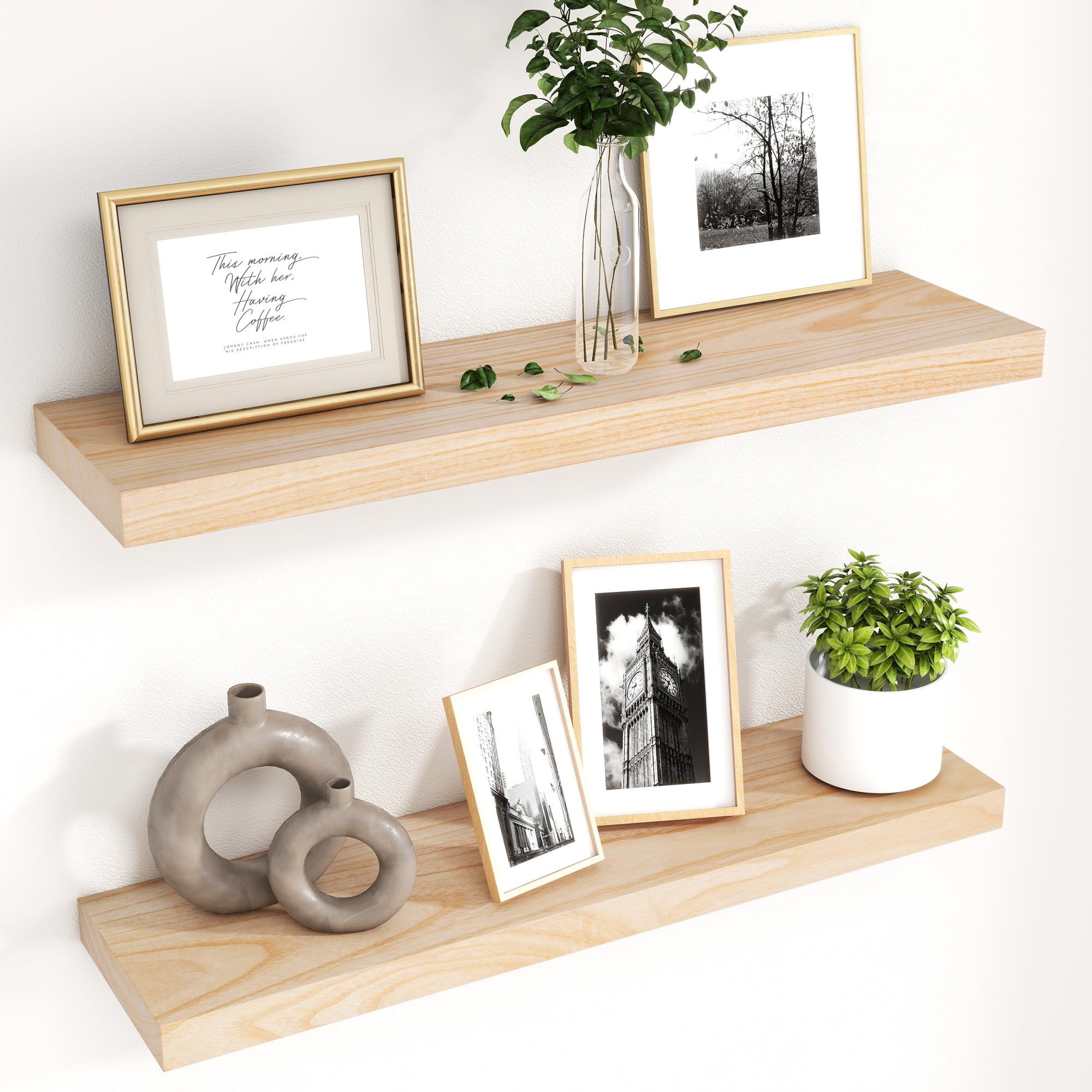 Fuqing Natural Wood Floating Shelves For Wall, 30 Inch Wood Floating Shelves Set Of 2, Natural Wooden Wall Shelves For Living Room Bedroom Home Office - Natural