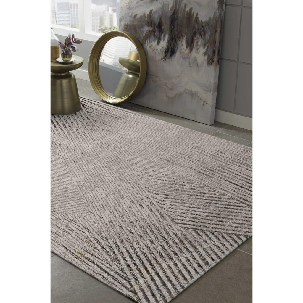 HomeRoots 8'X11' Ivory Grey Machine Woven Geometric Lines Indoor Area Rug