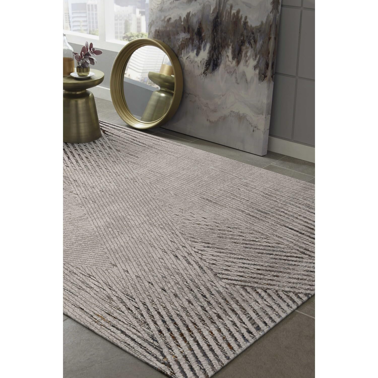 HomeRoots 8'X11' Ivory Grey Machine Woven Geometric Lines Indoor Area Rug