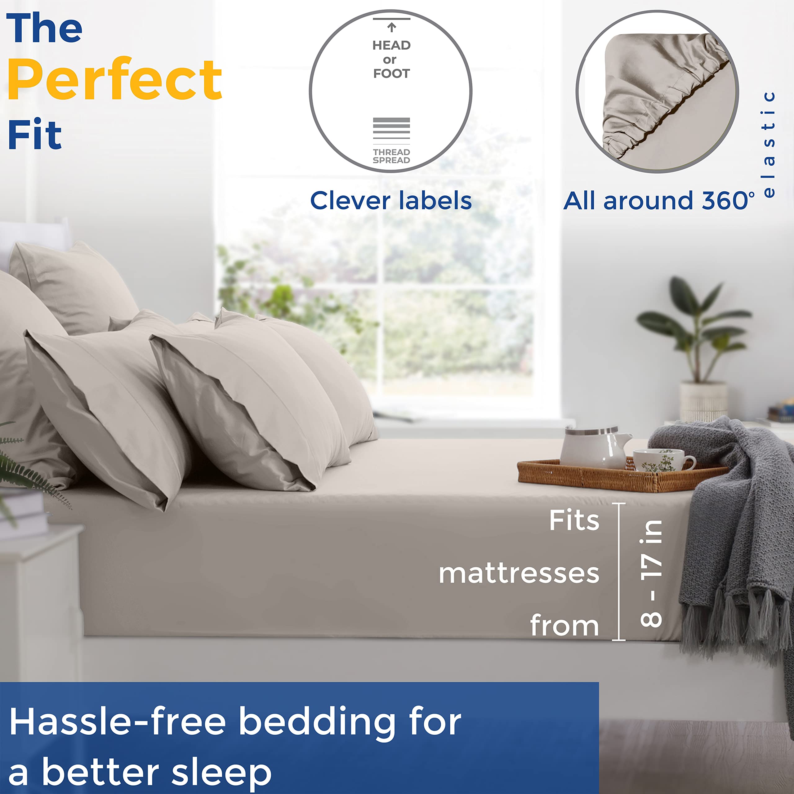 Thread Spread Luxury Sheets 600 Thread Count - Egyptian Cotton Quality Queen Size Sheet Set - Deep Pocket Fitted Bedding Sheets & Pillowcases - 4 Pc Breathable - Taupe Sheets For Boys & Girls