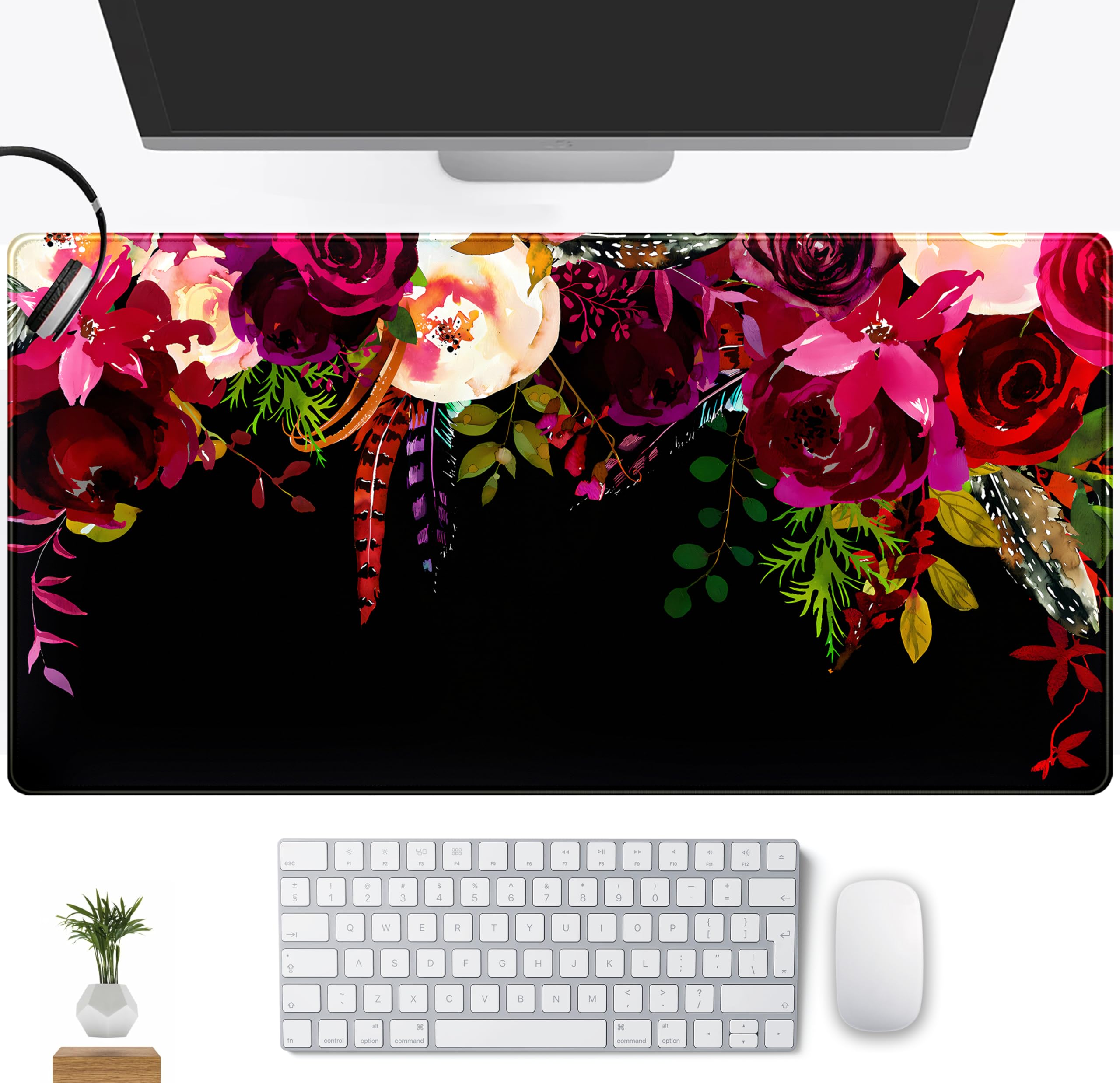 Red Flower Vintage Botanical Desk Pad - Black Mouse Pads, Keyboard Mat, Laptop Pc Wireless Mouse Mat Xxl, Aesthetic Office Desk