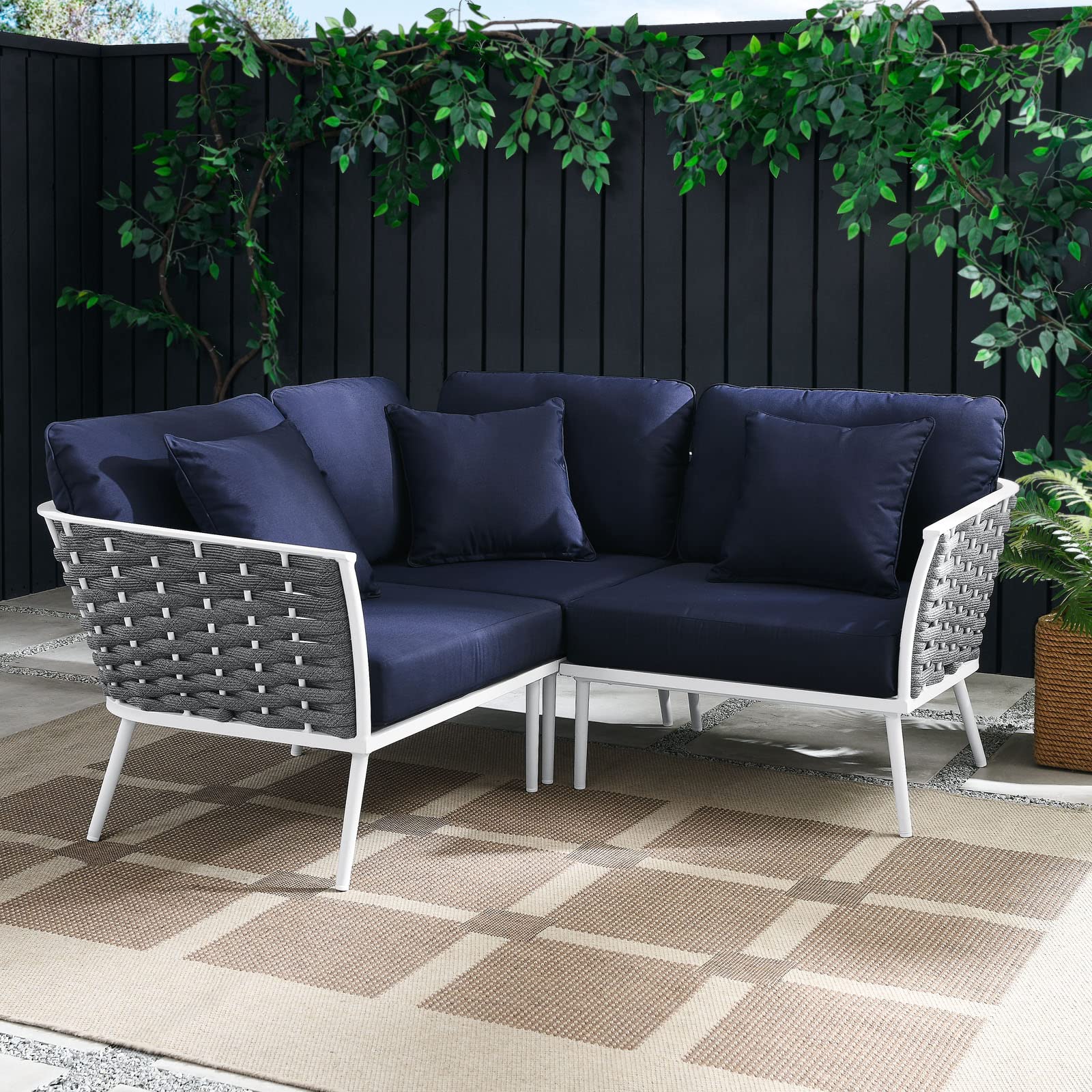 Modway Stance Outdoor Patio Woven Rope Aluminum, Small Sectional Sofa, White Navy