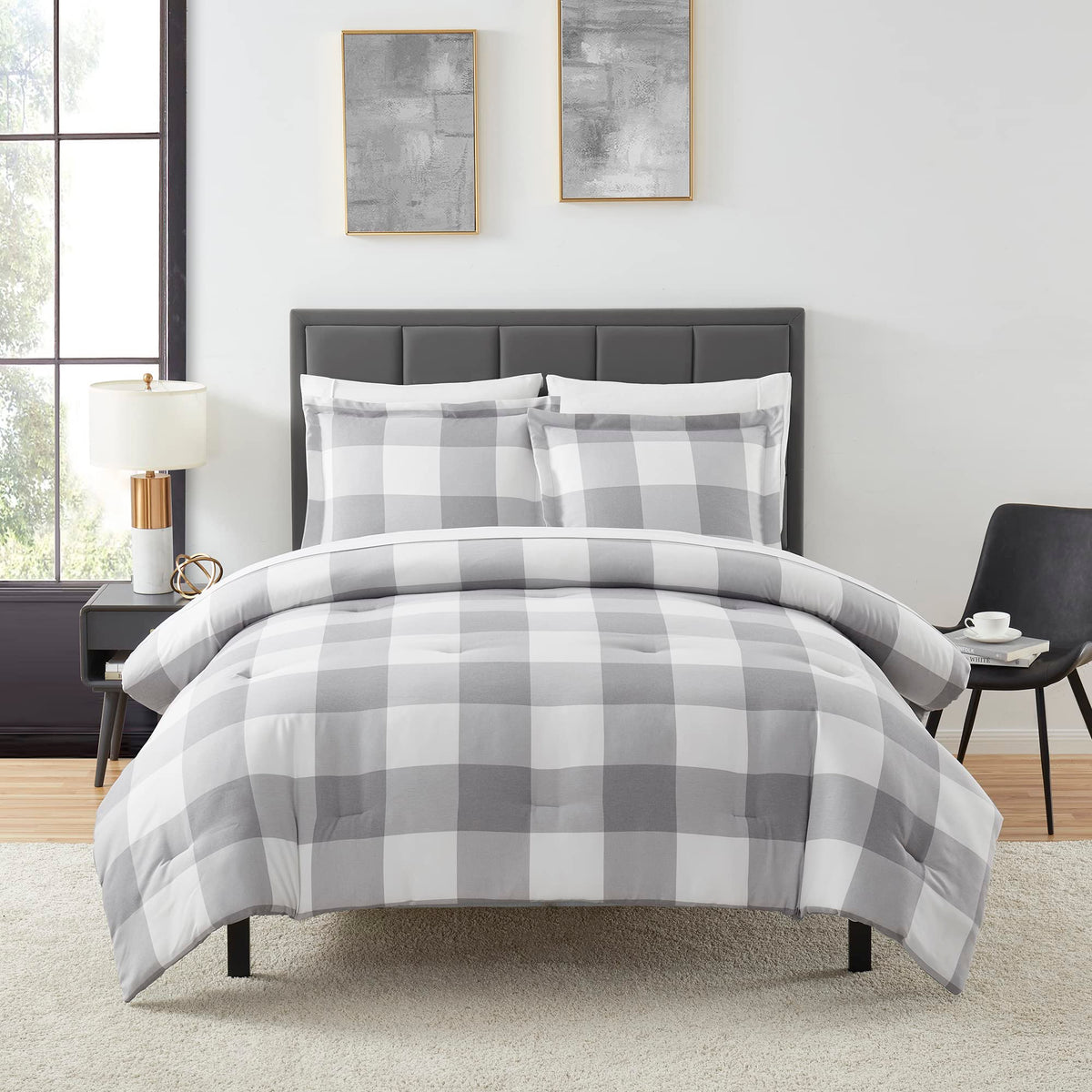 7 Piece Comforter Set Bag Solid Color All Season Soft Down Alternative Blanket & Luxurious Microfiber Bed Sheets, Full, Checkere