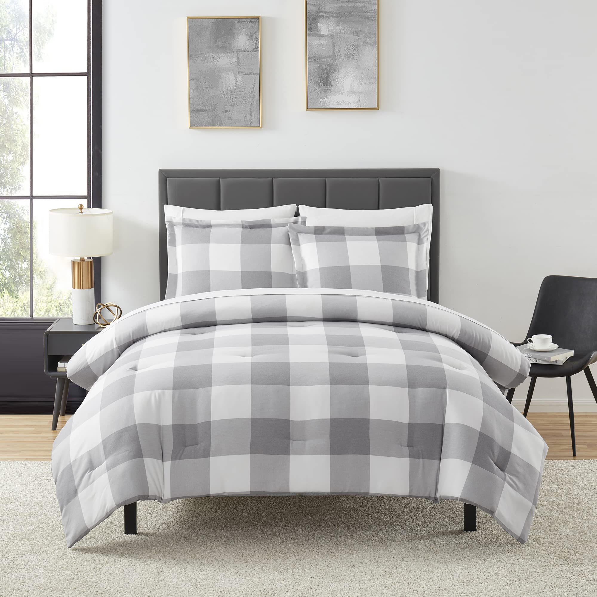 7 Piece Comforter Set Bag Solid Color All Season Soft Down Alternative Blanket & Luxurious Microfiber Bed Sheets, Full, Checkere