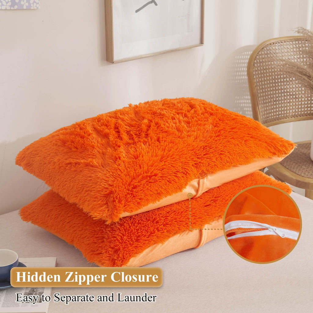 Xege Faux Fur Fluffy Pillow Cases, Soft Plush Shaggy Furry Orange Pillowcases, Velvet Fuzzy Decorative Throw Pillow Covers For Bed Couch, Zipper Closure, Set Of 2(Standard Size, Orange)