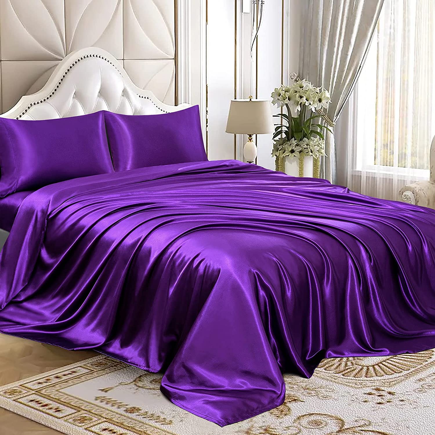 Homiest 3Pcs Satin Sheets Set Luxury Silky Satin Bedding Set With Deep Pocket, 1 Fitted Sheet + 1 Flat Sheet + 1 Pillowcase (Twin Xl Size, Purple)