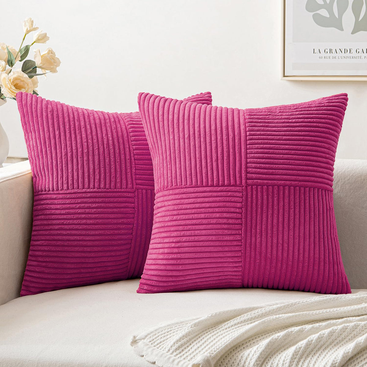 Miulee Hot Pink Corduroy Pillow Covers Pack Of 2 Boho Decorative Spliced Throw Pillow Covers Soft Solid Couch Pillowcases Cross