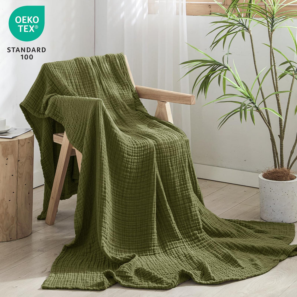 Phf 100% Cotton Muslin Throw Blanket 50' X 60', 4-Layer Lightweight And Breathable Blanket For Summer, Luxuriously Soft Gauze Throws For Couch, Natural Minimalism Style, Ideal Gift, Olive Green
