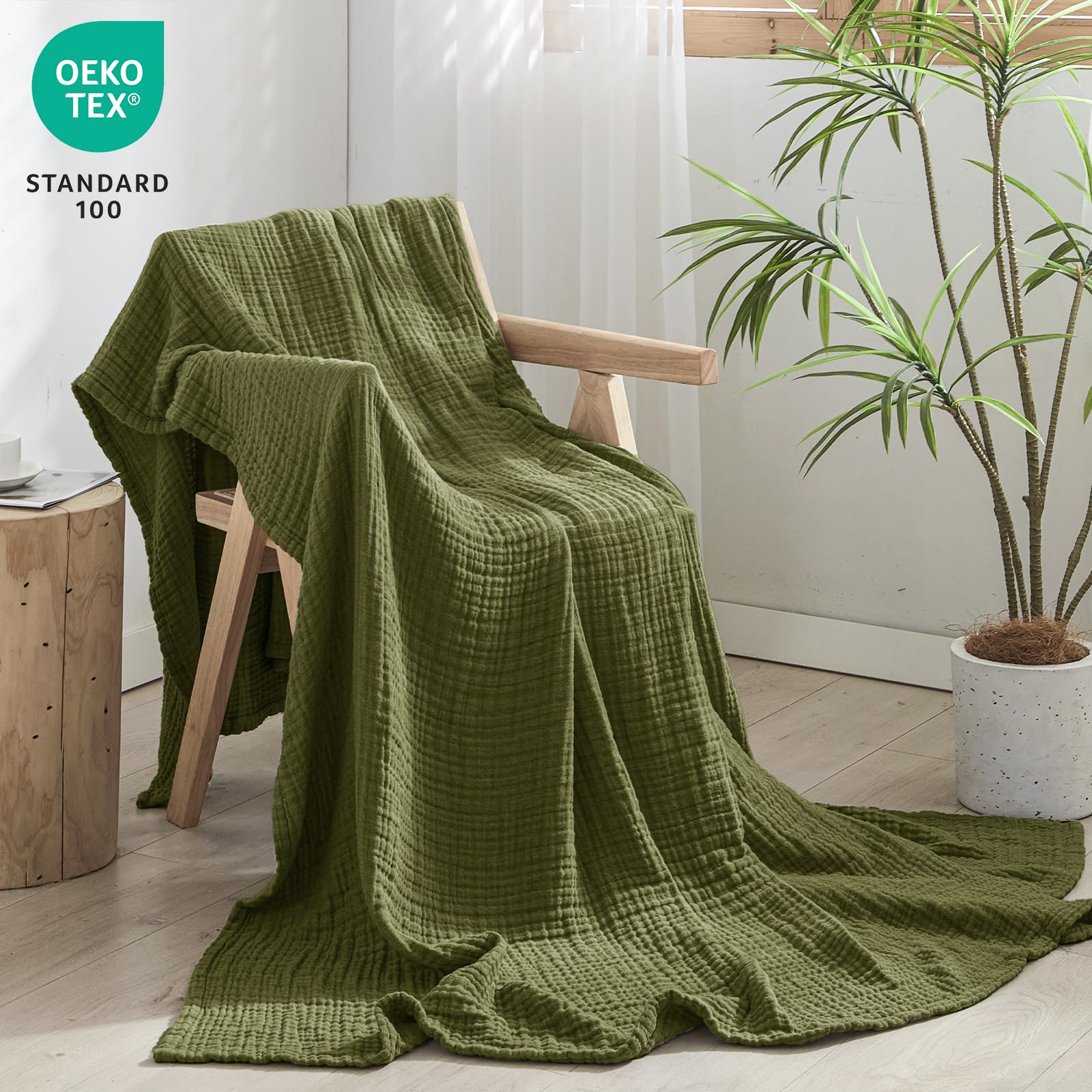 Phf 100% Cotton Muslin Throw Blanket 50' X 60', 4-Layer Lightweight And Breathable Blanket For Summer, Luxuriously Soft Gauze Throws For Couch, Natural Minimalism Style, Ideal Gift, Olive Green