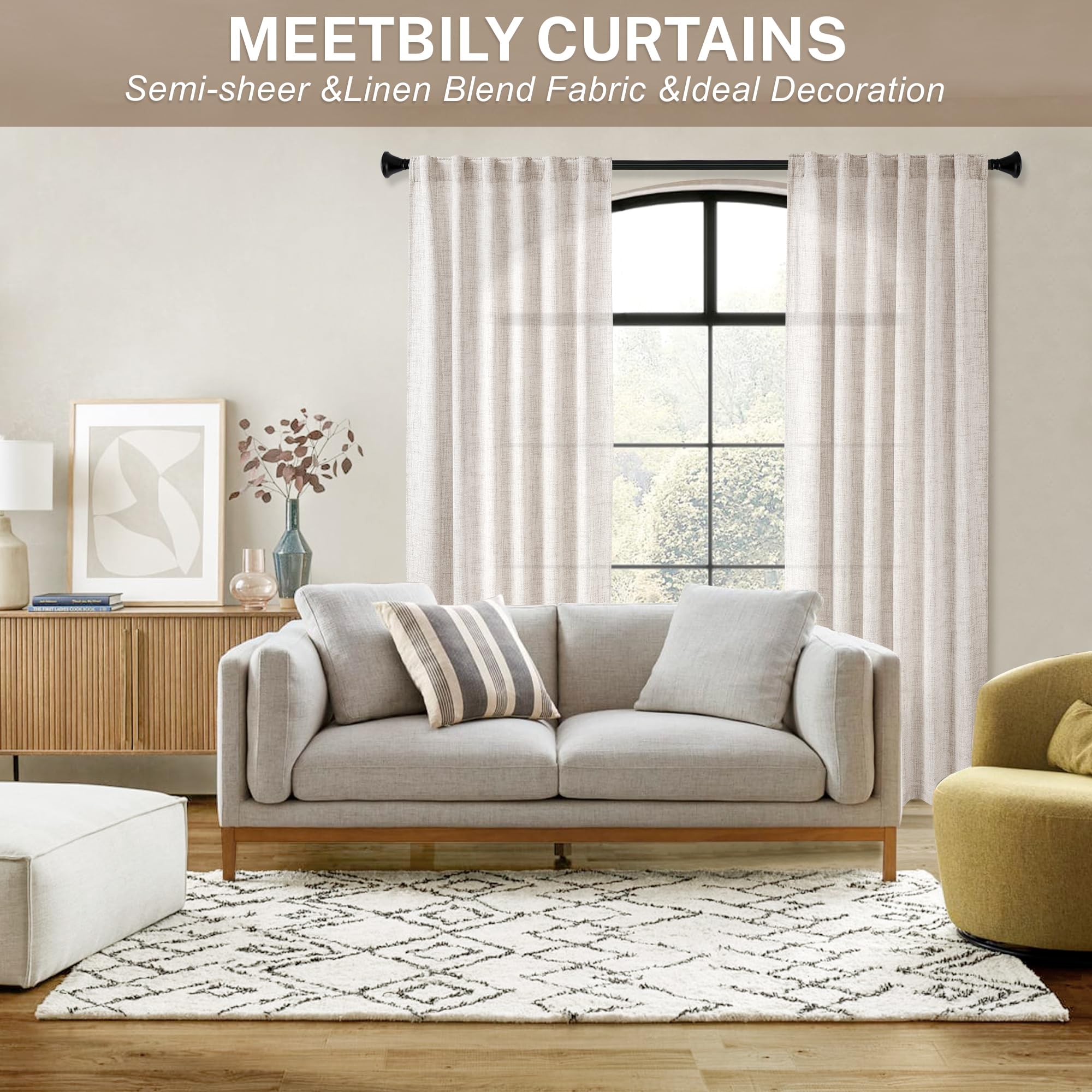 Meetbily 86 Inch Curtains Semi Sheer Linen Drapes For Living Room 2 Panels Light Filtering Back Tab Farmhouse Traditional Boho A