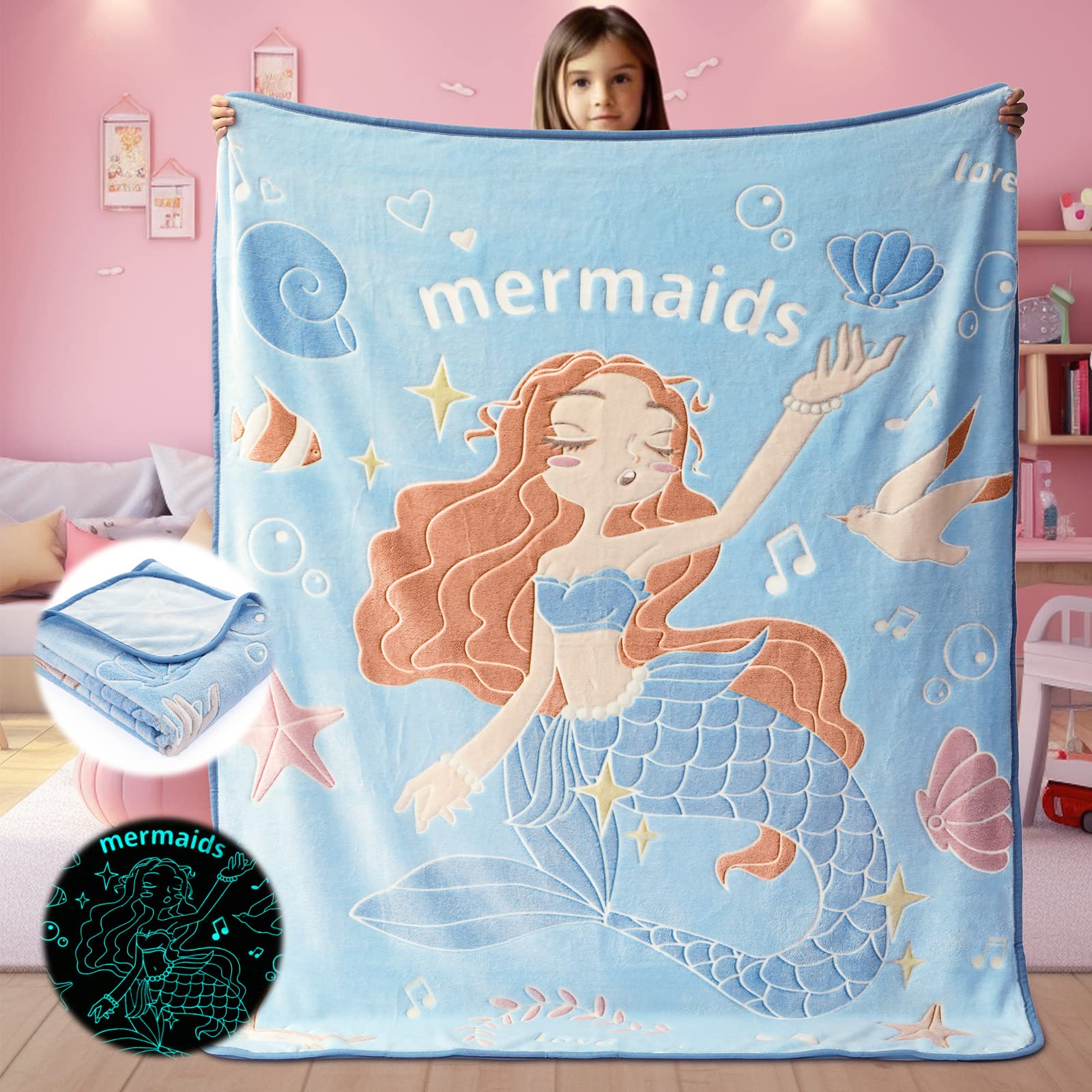 Glow in The Dark Mermaid Blanket Throw Gifts for Girls Kid Blankets Super Soft 3 4 5 6 7 8 9 10 Year Old Girl Gift Ideas Girls T