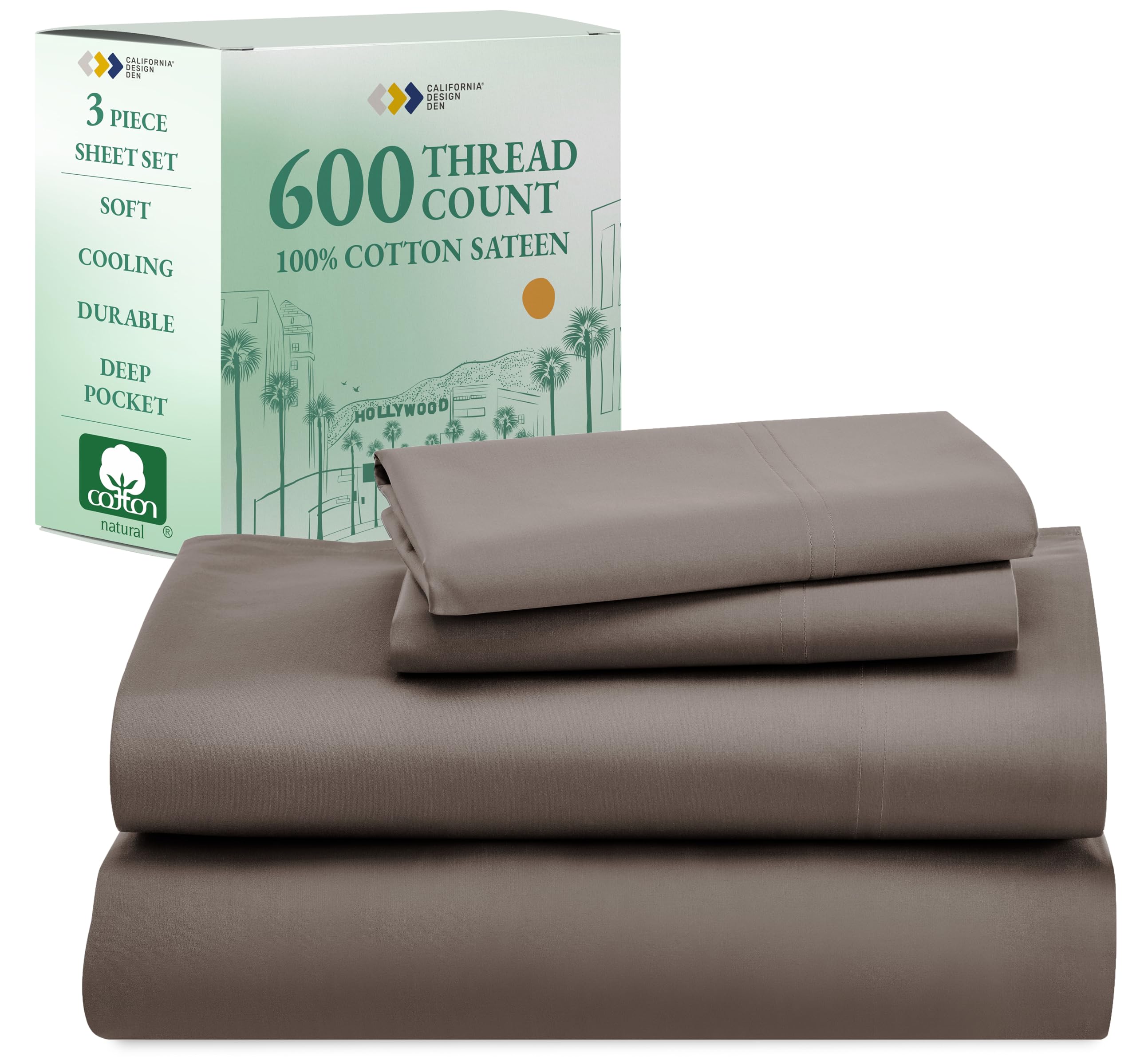 California Design Den Twin Xl Sheet Set, 600 Thread Count Sateen, 100% Cotton Deep Pocket Sheets, Soft, Cooling Brown Sheet Set,