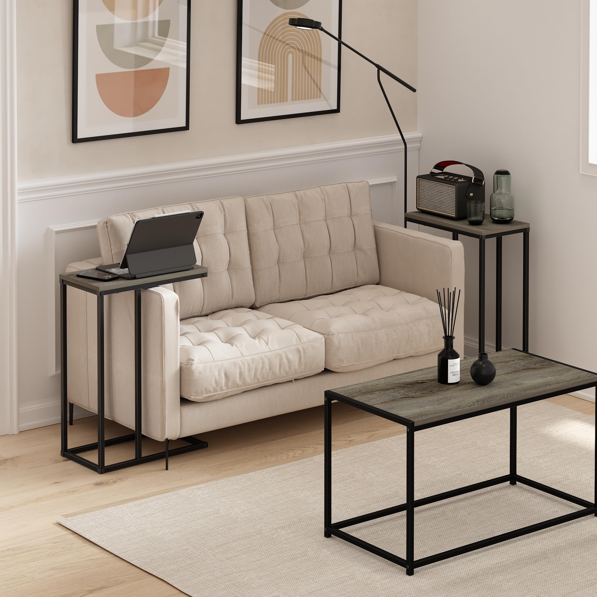 Furinno Camnus Modern Living Sofa Side Table, French Oak Grey, Set of 2