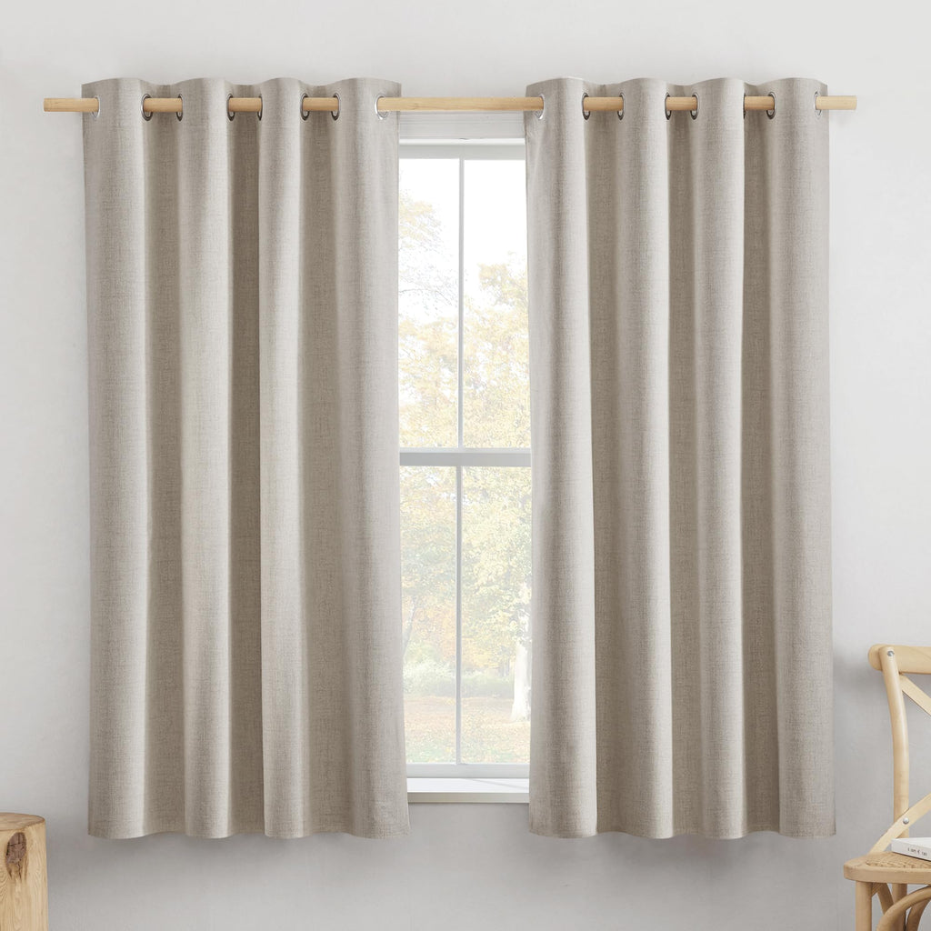 Nicetown Oatmeal Linen Complete Blackout Curtains 48 Inches For Kids Room, 2 Panels, Thermal Insulated & Noise Reducing Window Draperies With White Liner, Noise Reducing Short Drapes