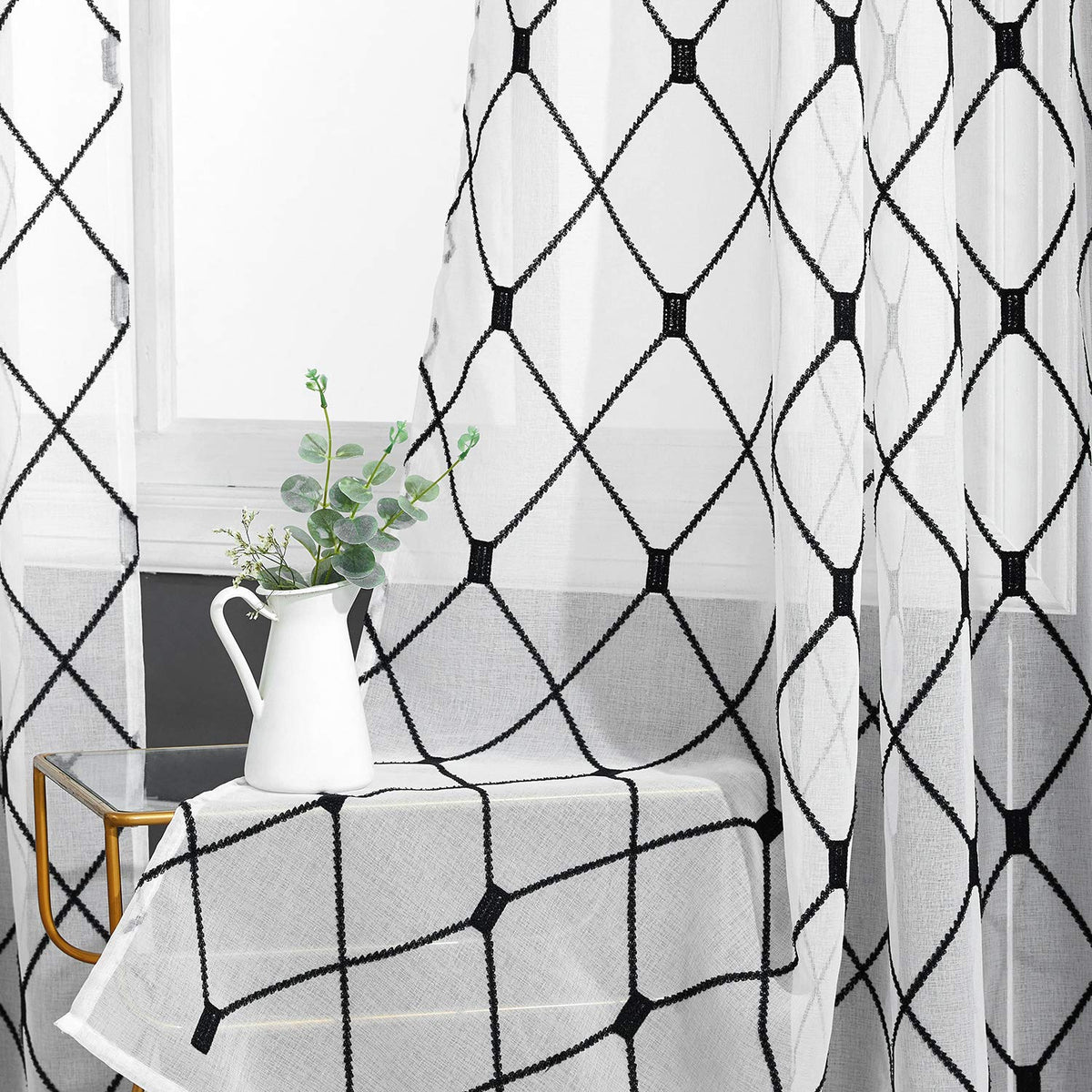 Top Finel White Sheer Curtains 72 Inch Length Black Embroidered Diamond Grommet Window Curtains For Living Room Bedroom, 2 Panel