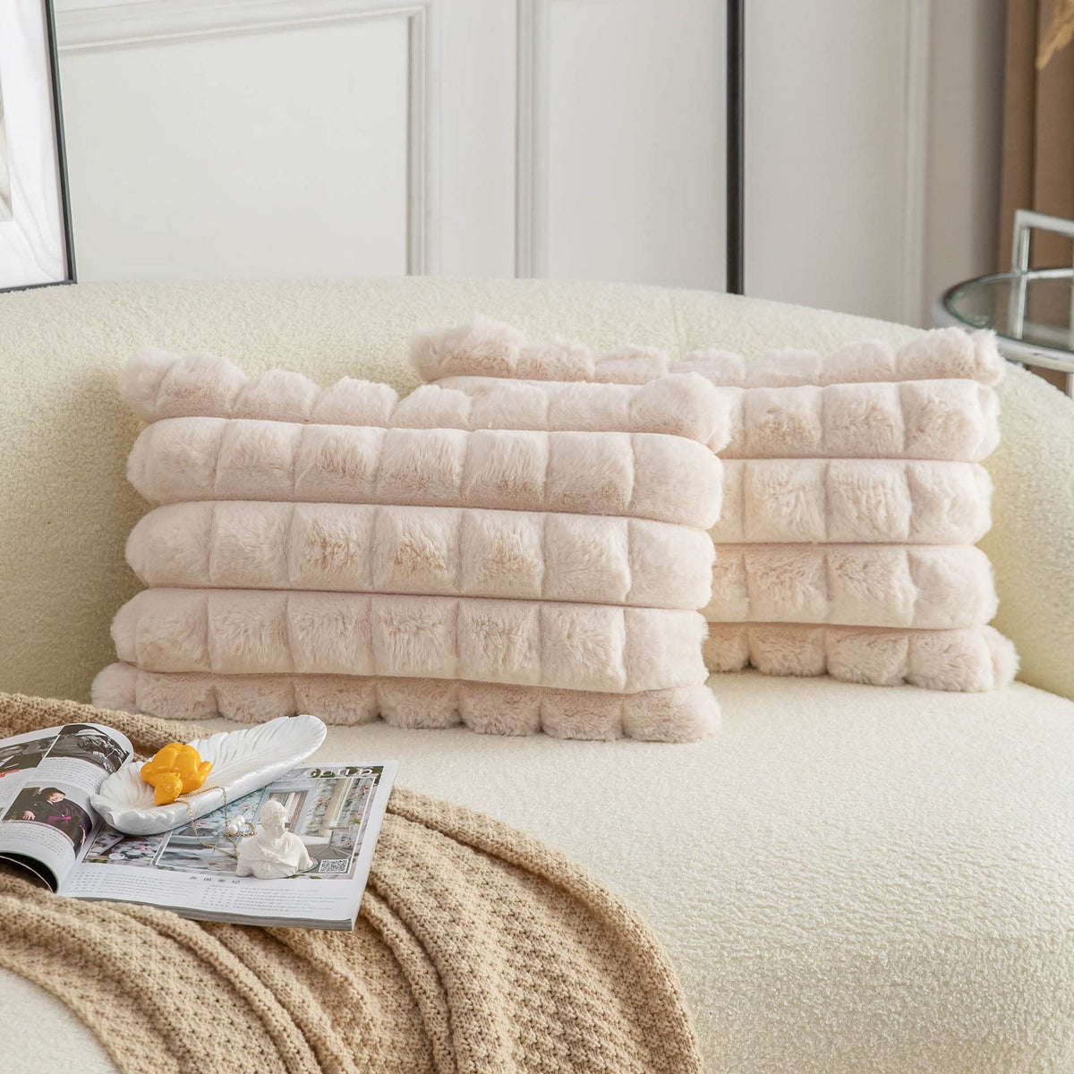 Neelvin Cream White Faux Fur Cozy Soft Plaid Decorative Throw Pillow Covers 12X20 Inch Set Of 2,Velvet Pillowcase Cushion Case F